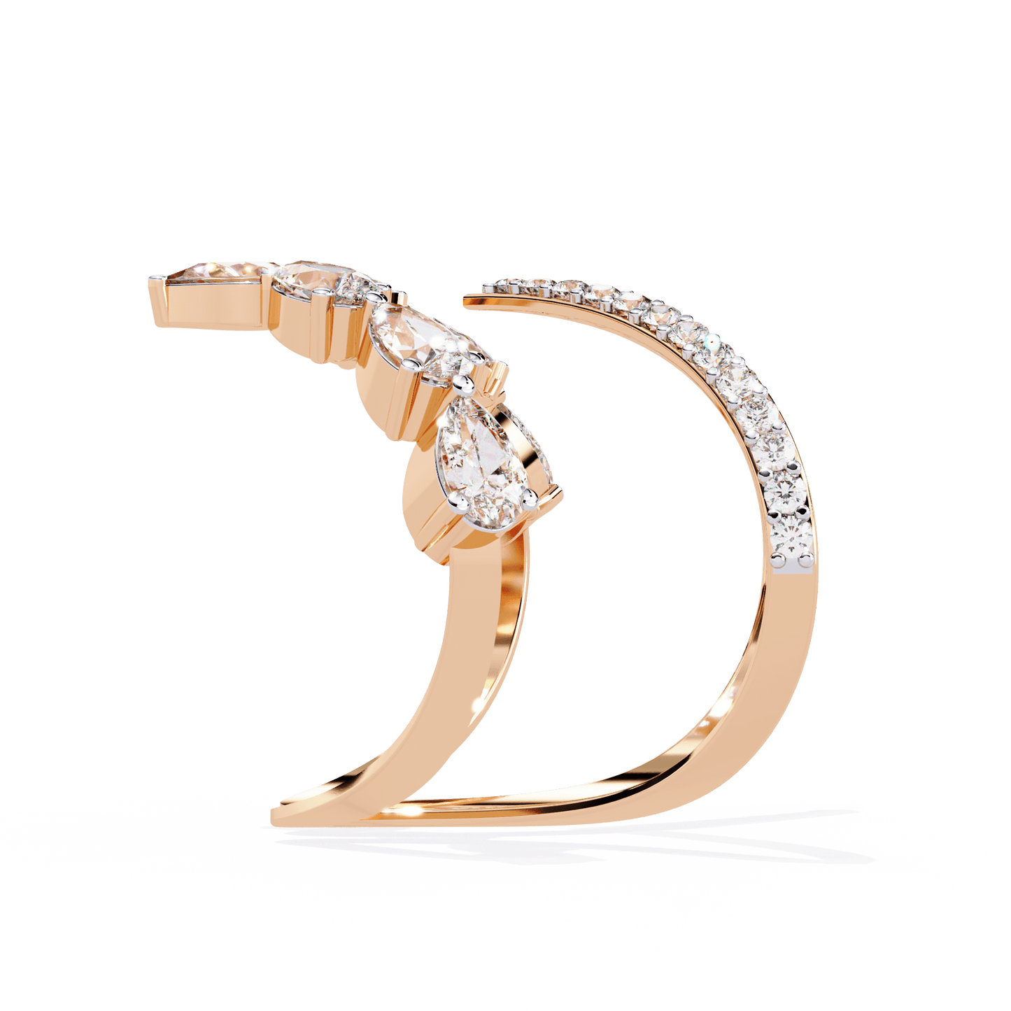 Modern diamond ring by Carat House Dubai featuring an open arrow silhouette and pear-shaped stones.