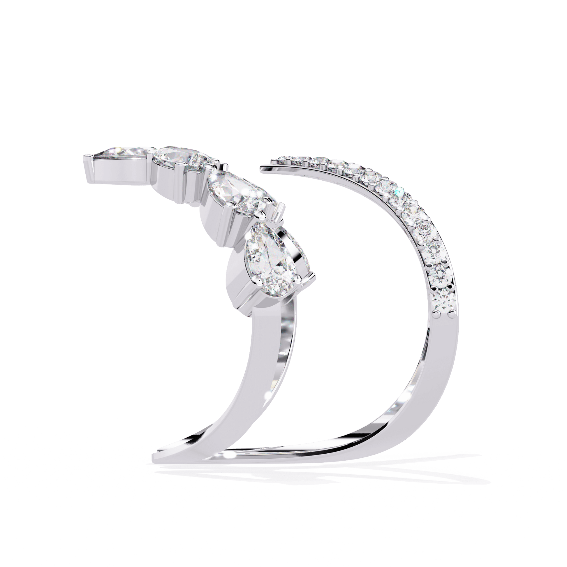Modern diamond ring by Carat House Dubai featuring open arrow silhouette and pear-shaped stones on a sleek band.