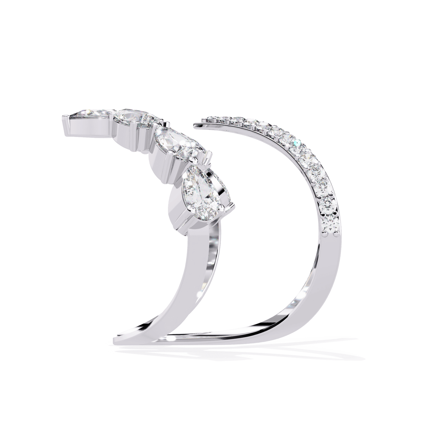 Modern diamond ring by Carat House Dubai featuring open arrow silhouette and pear-shaped stones on a sleek band.