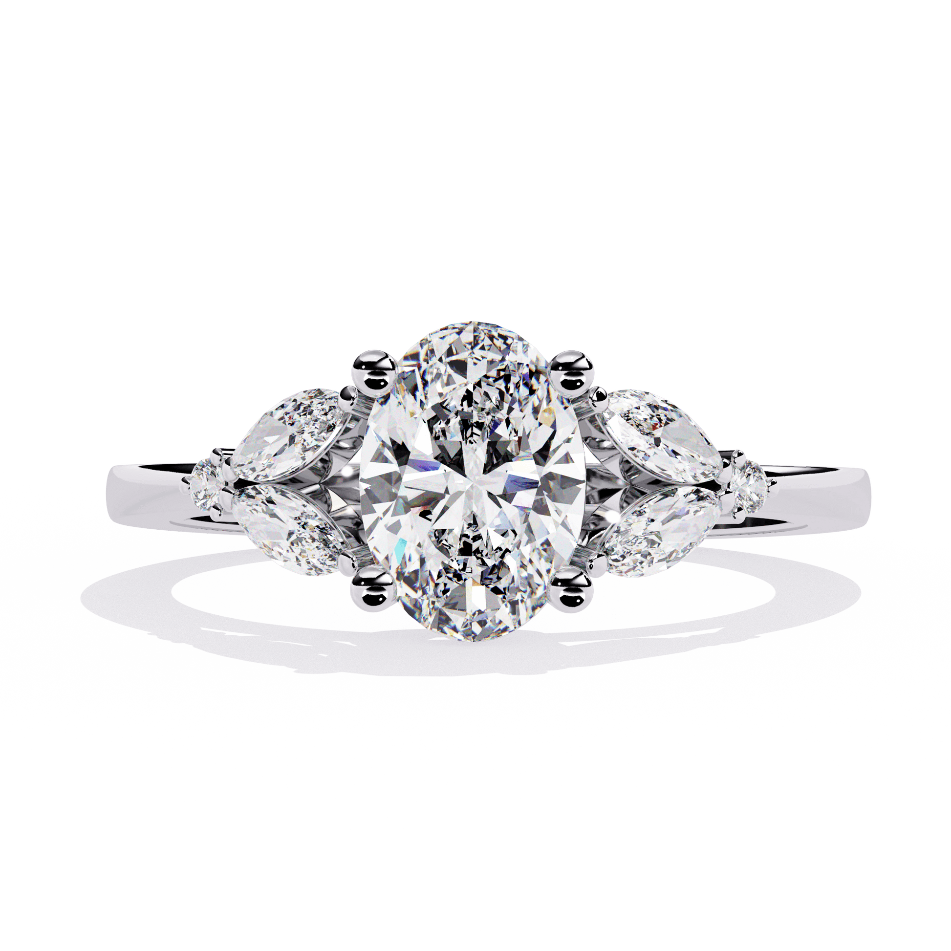Petal — Oval cut lab grown and natural diamond engagement ring — cathedral, side stones — 18k white gold and platinum — Carat House