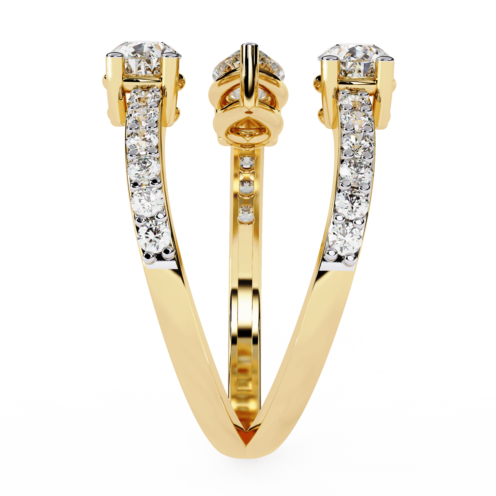 Medusa split band ring by Carat House Dubai featuring pear-cut diamonds and pavé accents on a sleek gold band.
