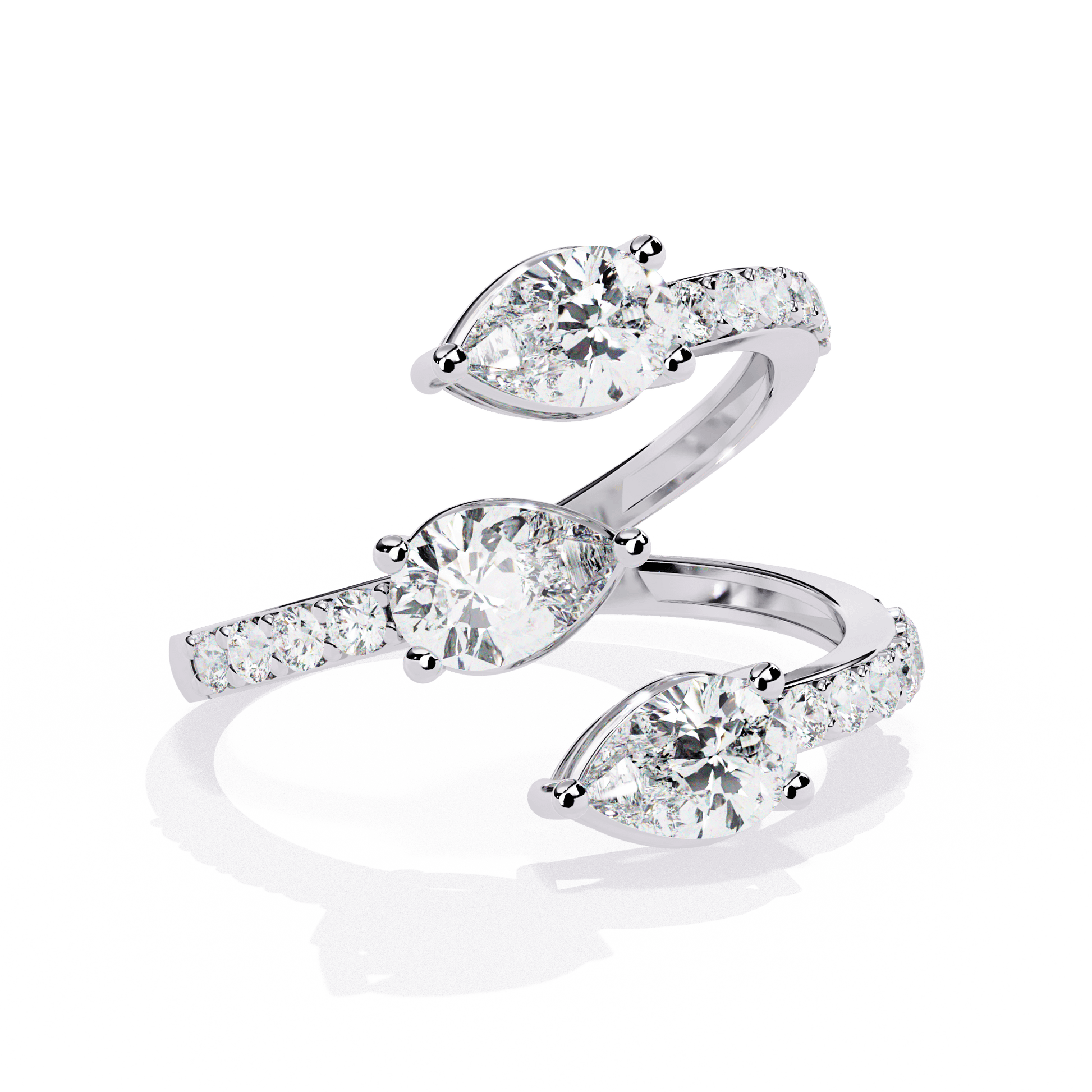 Medusa- Split Band Ring with Pear-Cut Diamonds and Pavé Accents — diamond stacking ring — pavé, sculptural — lab grown diamond — 18k white gold — Carat House