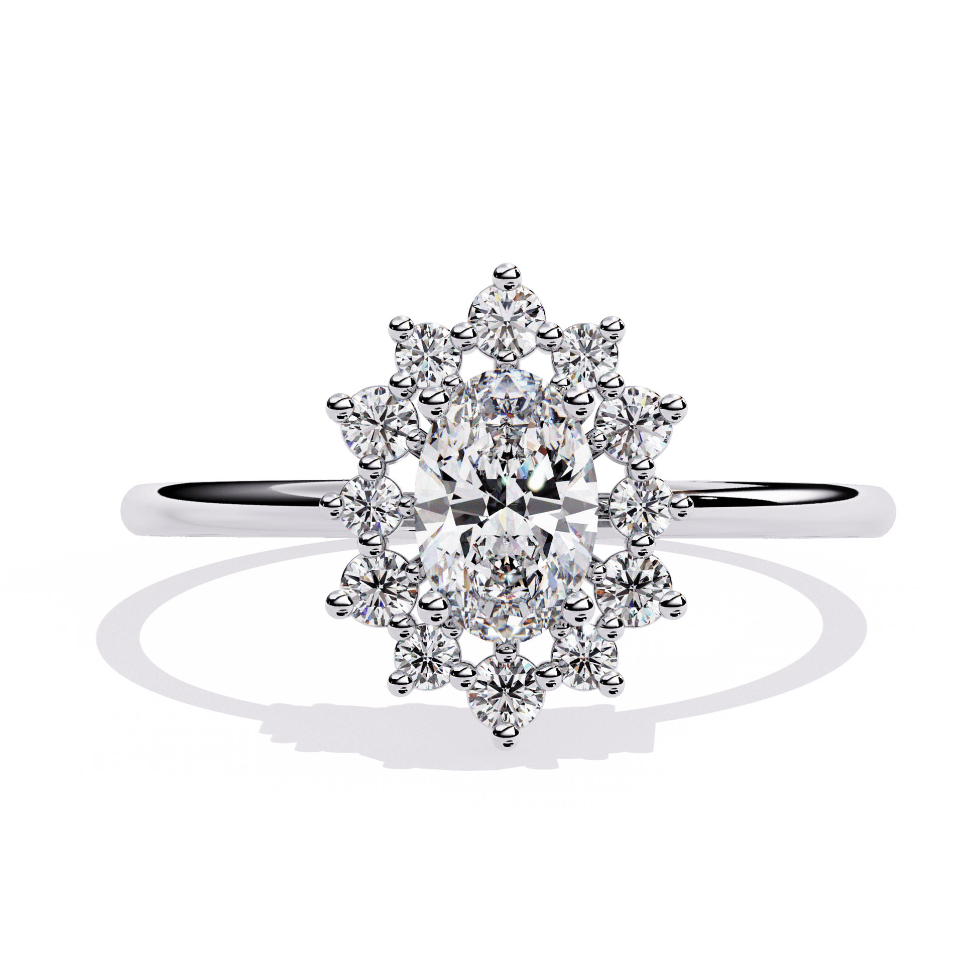 Sun — Oval cut lab grown and natural diamond engagement ring — halo — 18k white gold and platinum — Carat House