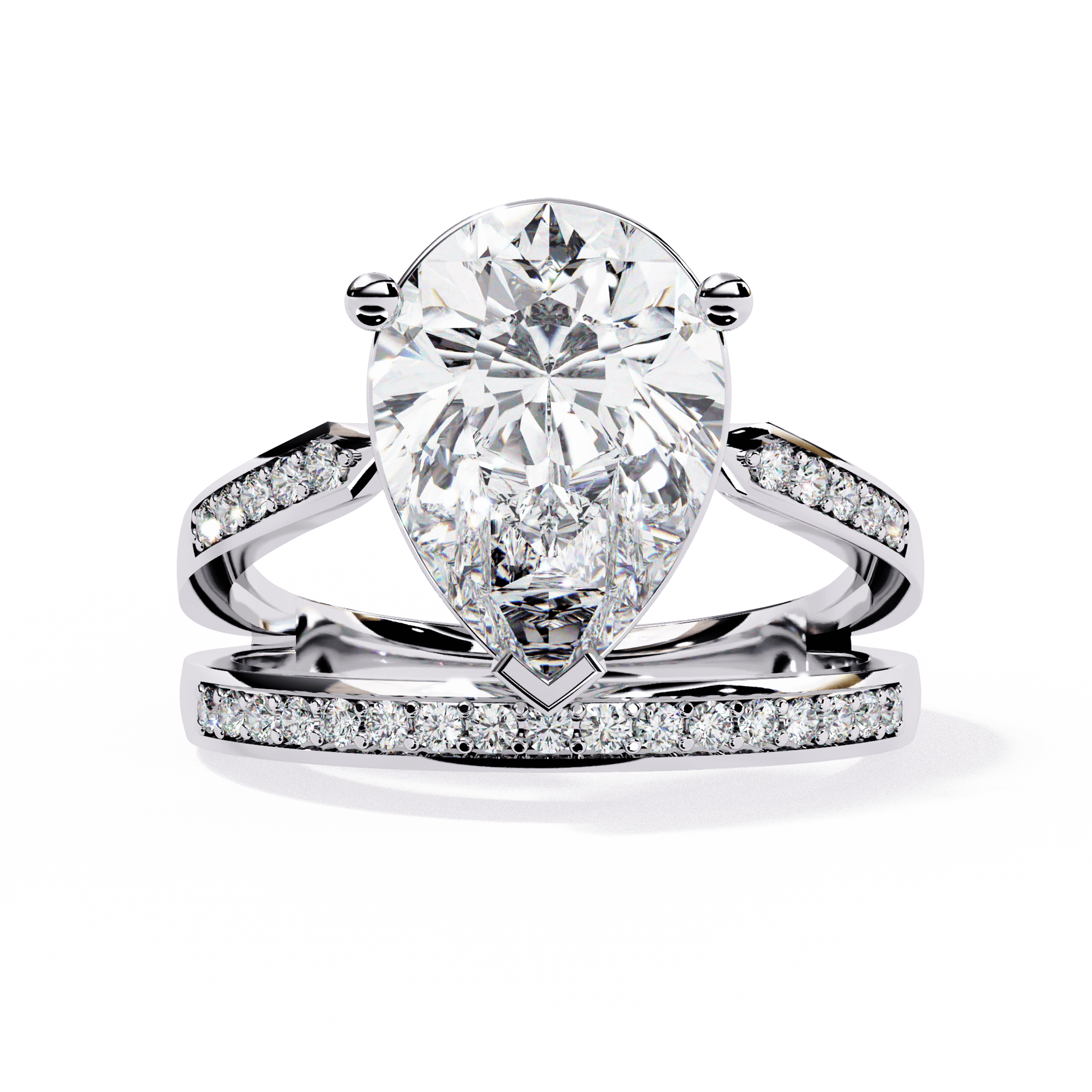 Aziza — Pear cut lab grown and natural diamond engagement ring — split shank — 18k white gold and platinum — Carat House