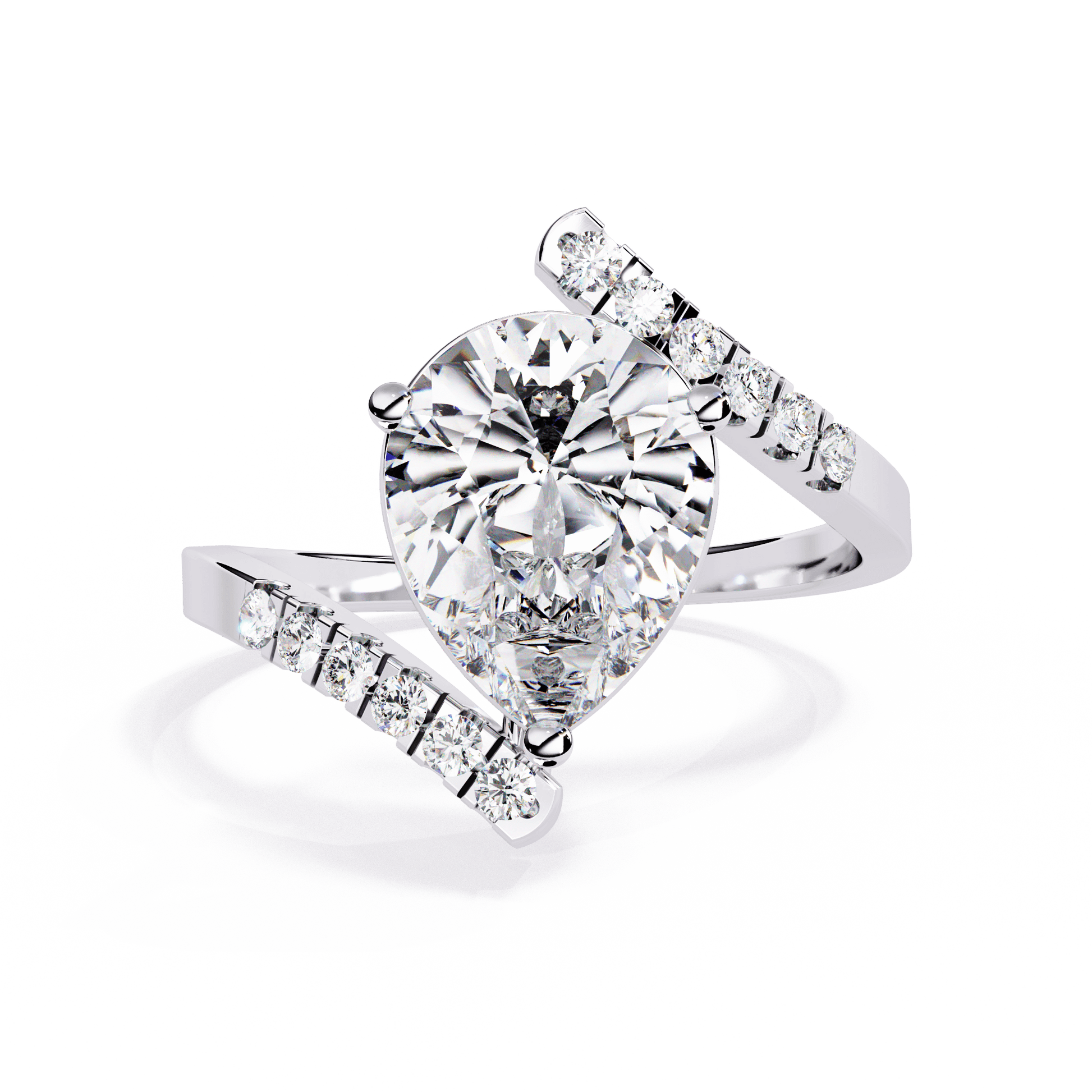 Rania — Pear cut lab grown and natural diamond engagement ring — pavé, bypass shank — 18k white gold and platinum — Carat House