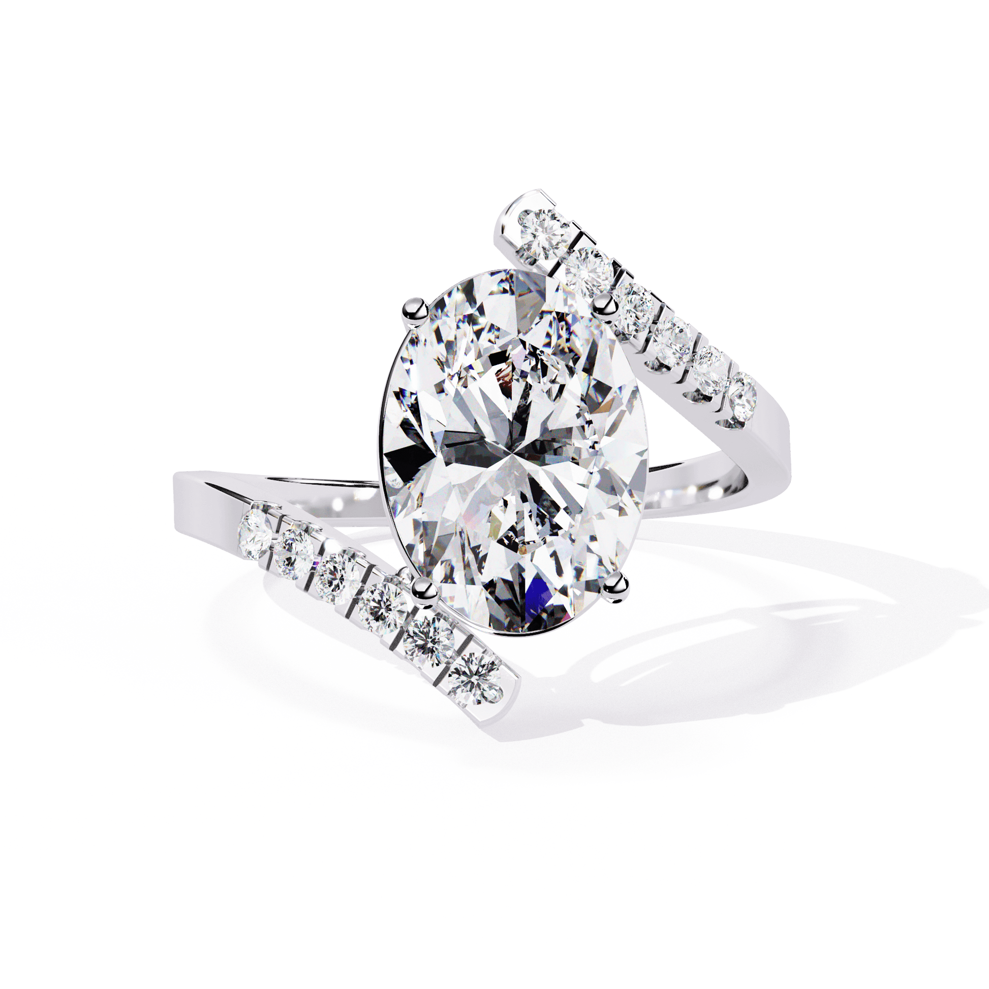 Adele — Oval cut lab grown and natural diamond engagement ring — pavé, bypass shank — 18k white gold and platinum — Carat House