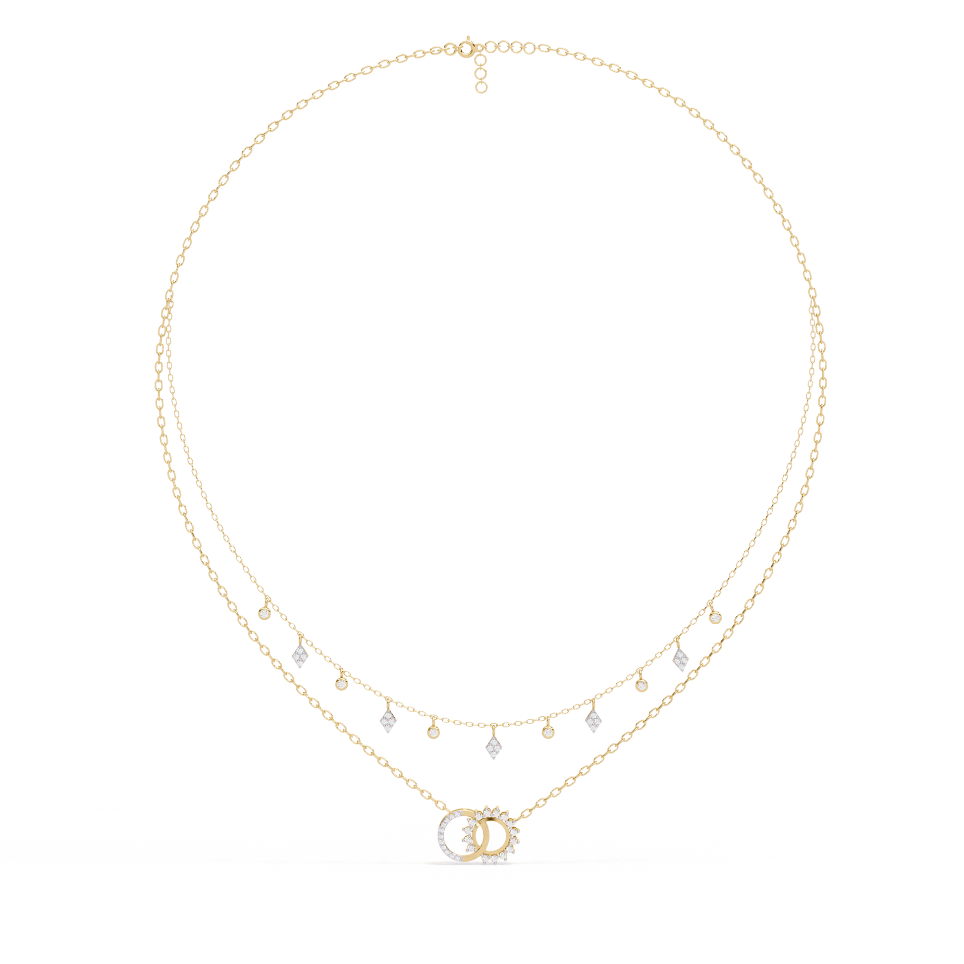 Carat House Dubai Miranda diamond double chain necklace, featuring sparkling diamond accents on a luxurious silver chain.