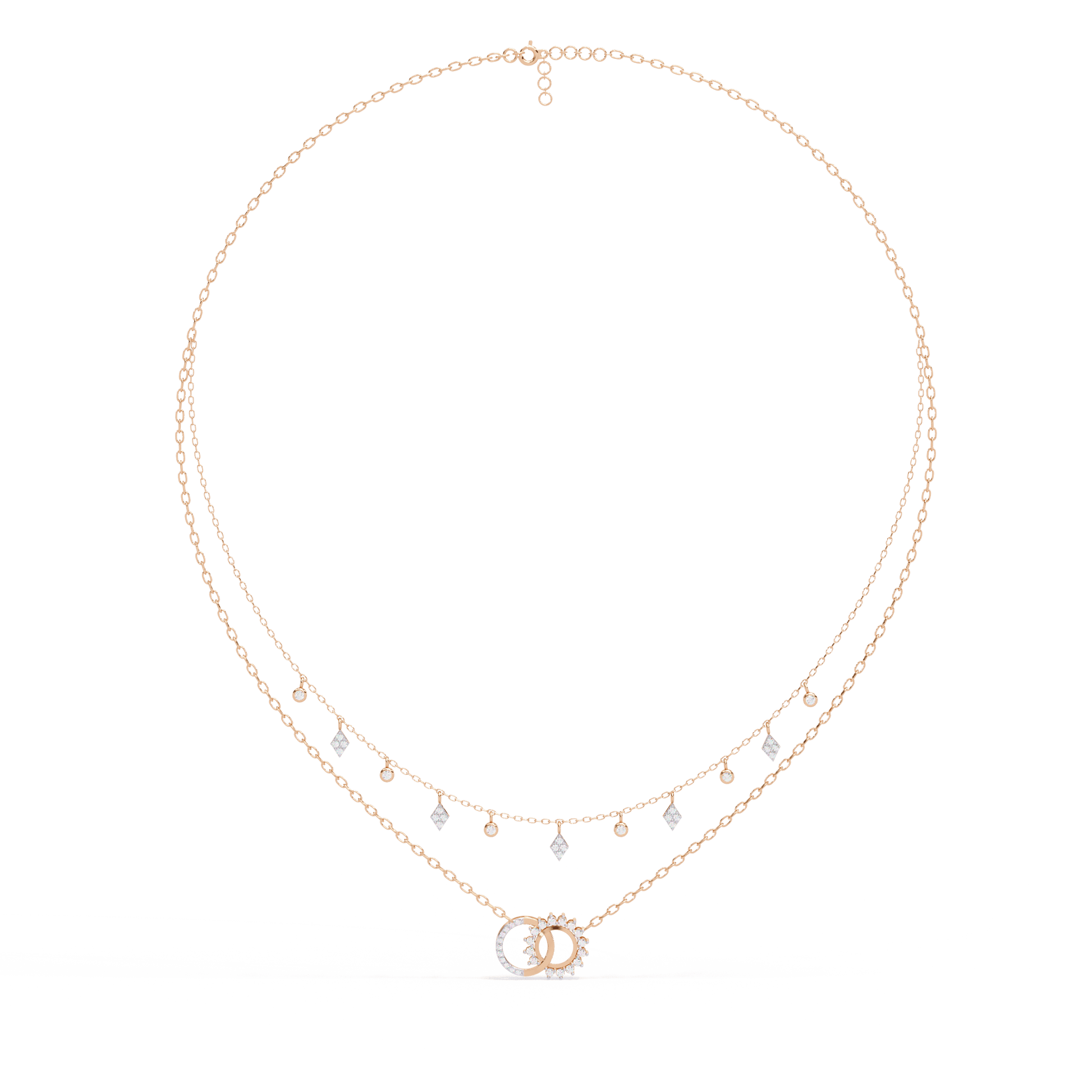 Miranda diamond double chain necklace by Carat House Dubai featuring sparkling diamond accents and layered chain design.