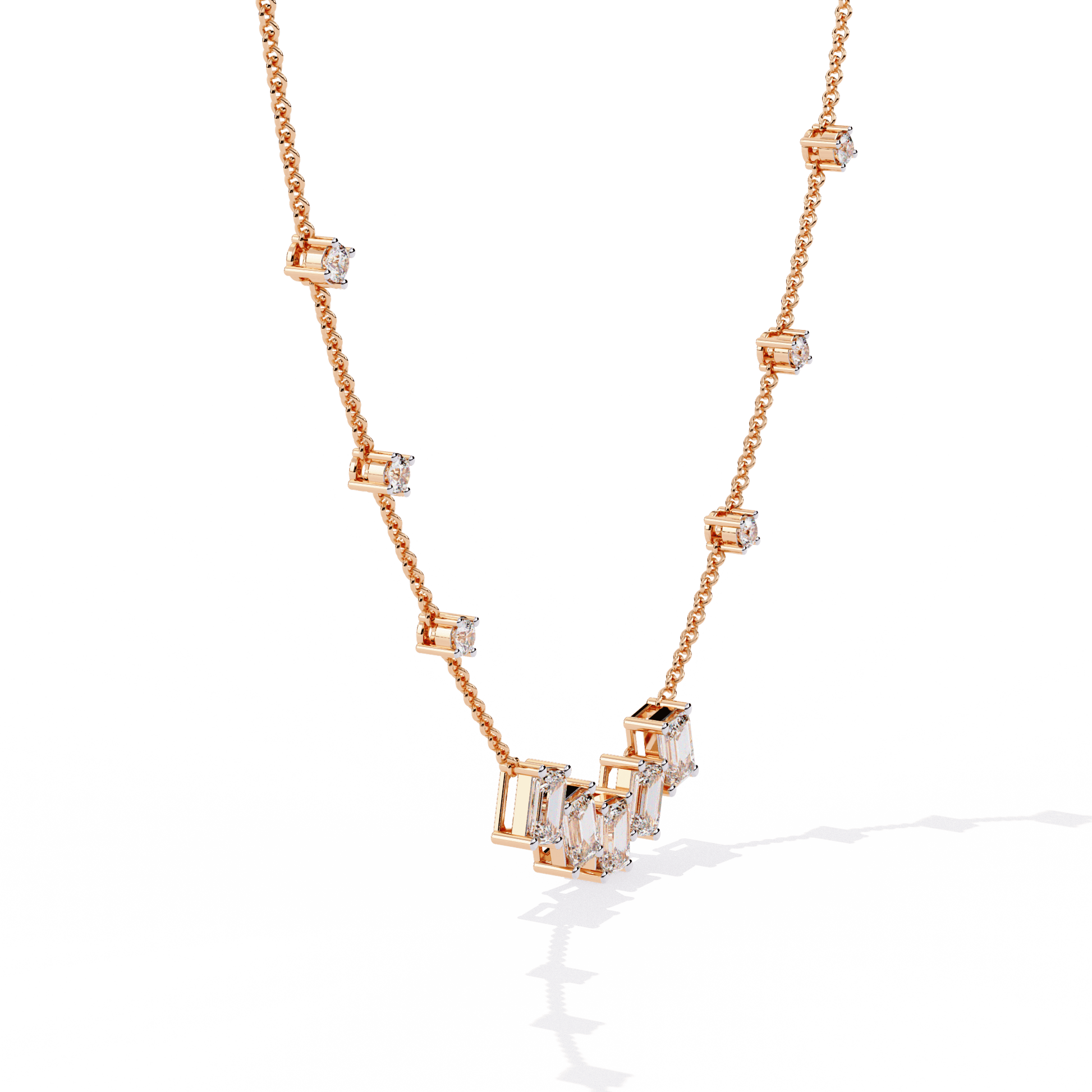 Carat House Dubai Nancy diamond necklace featuring emerald-cut and round diamonds on a delicate chain.