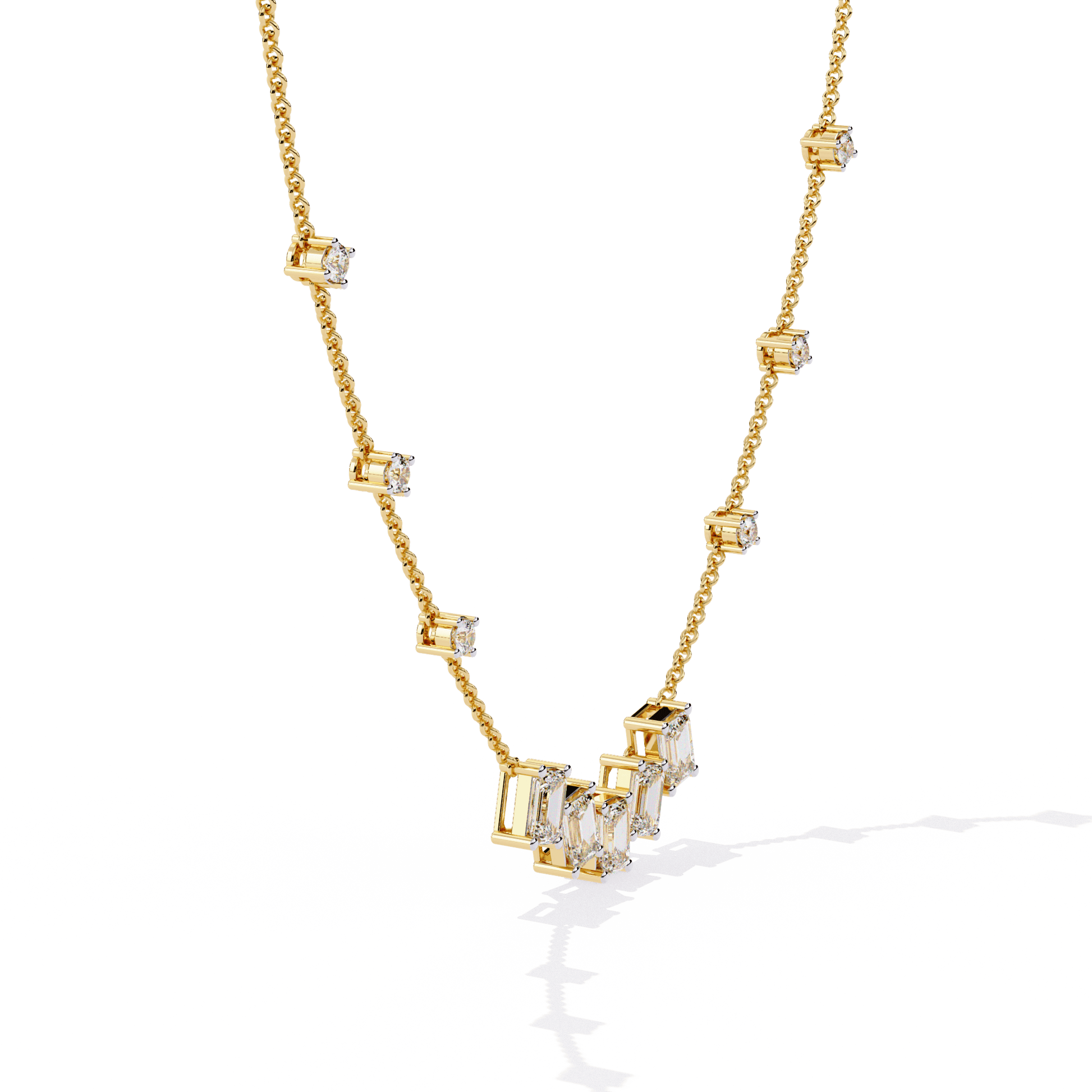 Emerald-cut and round diamond necklace by Carat House Dubai featuring sparkling diamonds and elegant design.