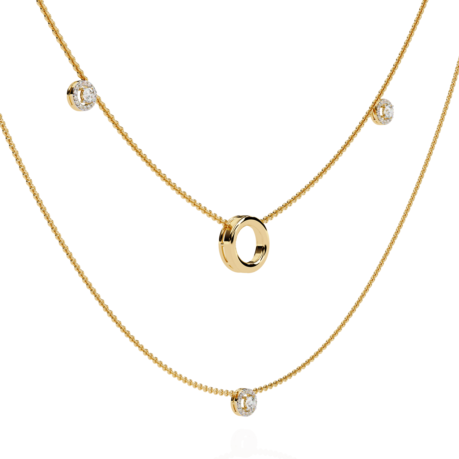 Ritika double layer diamond halo necklace by Carat House Dubai featuring sparkling diamonds and elegant gold chains.