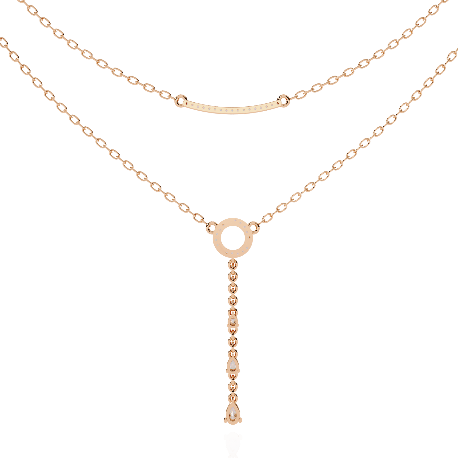 Carat House Dubai Cira double-layer diamond necklace with pave bar and pear drop pendant, elegant jewelry piece.