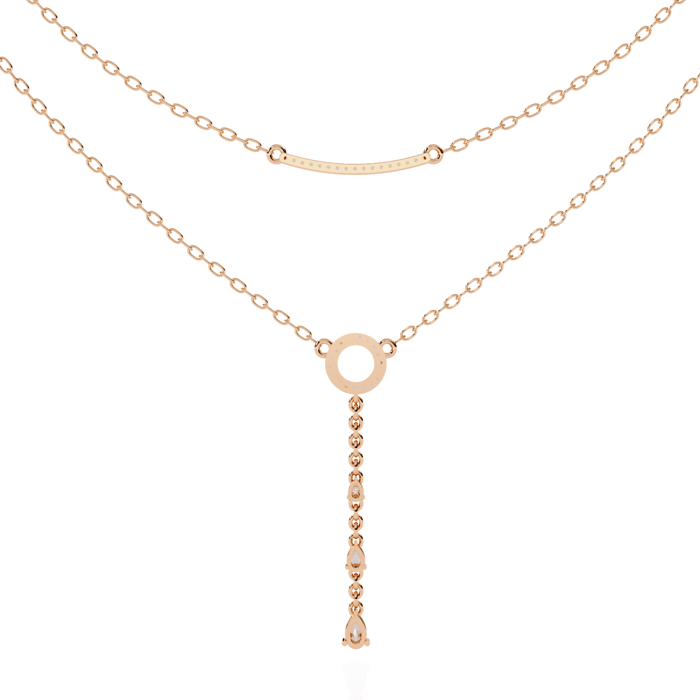Carat House Dubai Cira double-layer diamond necklace with pave bar and pear drop pendant, elegant jewelry piece.