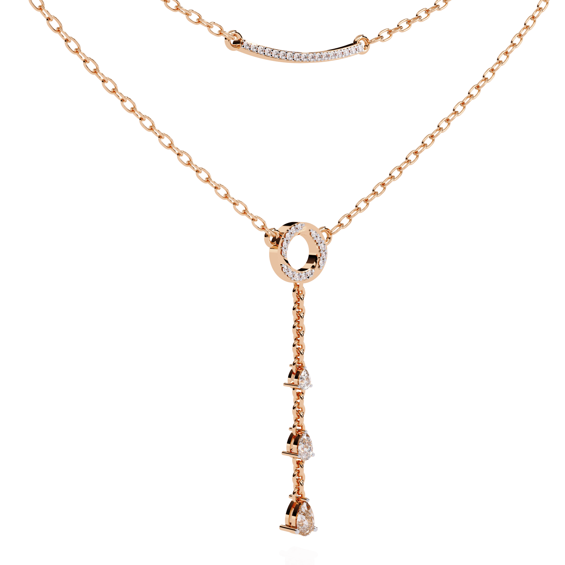 Carat House Dubai Cira double-layer diamond necklace with pave bar and pear-shaped diamond pendant, elegant jewelry piece.
