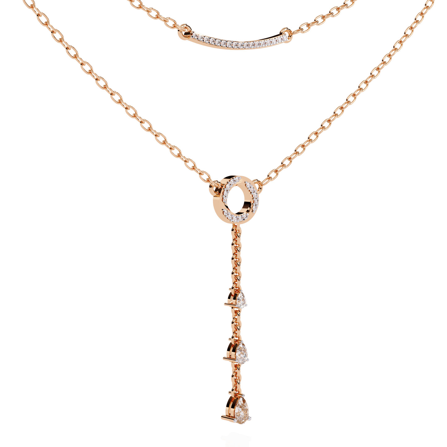 Carat House Dubai Cira double-layer diamond necklace with pave bar and pear-shaped diamond pendant, elegant jewelry piece.