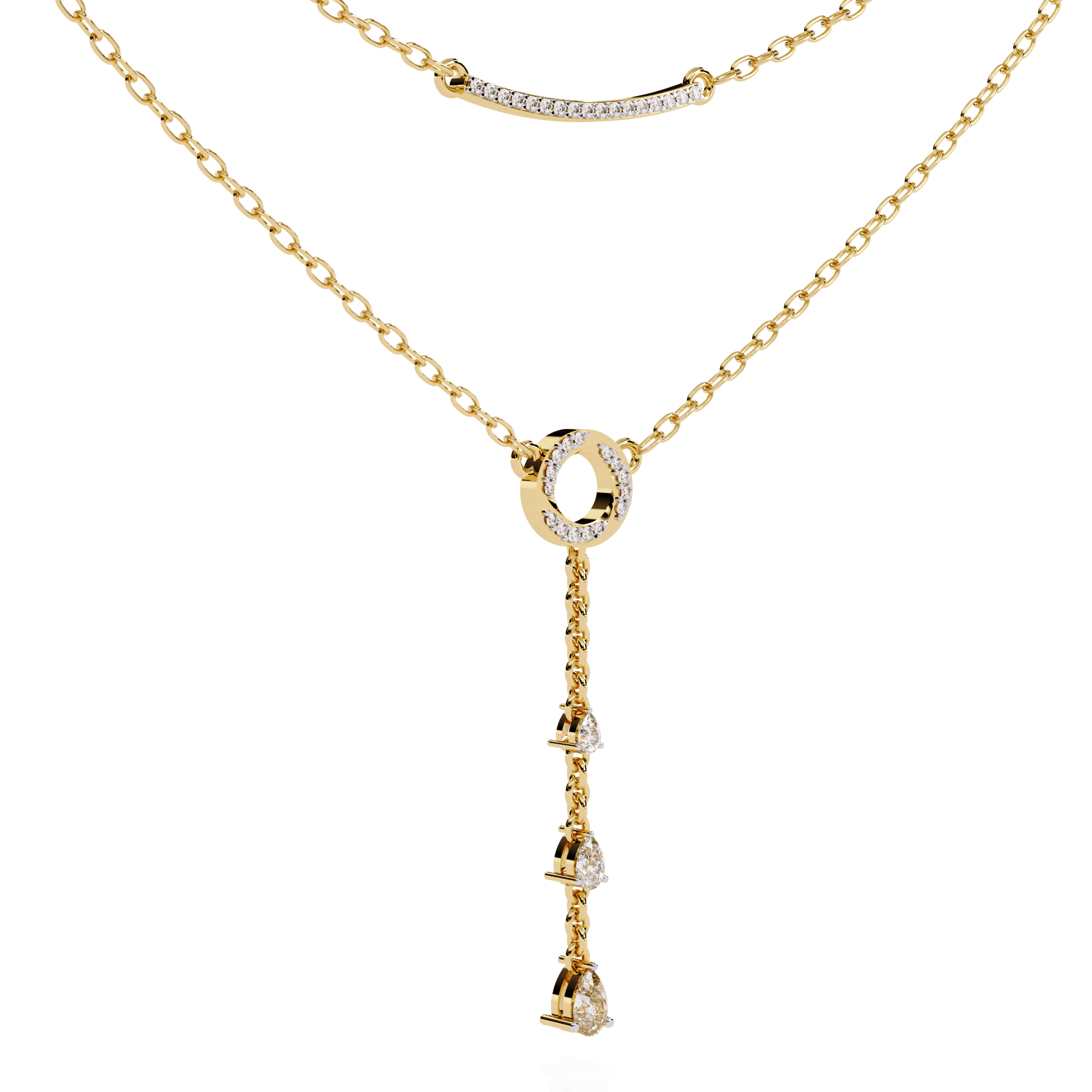 Double-layer diamond necklace by Carat House Dubai featuring a pave bar and pear drop pendant, elegant jewelry accessory