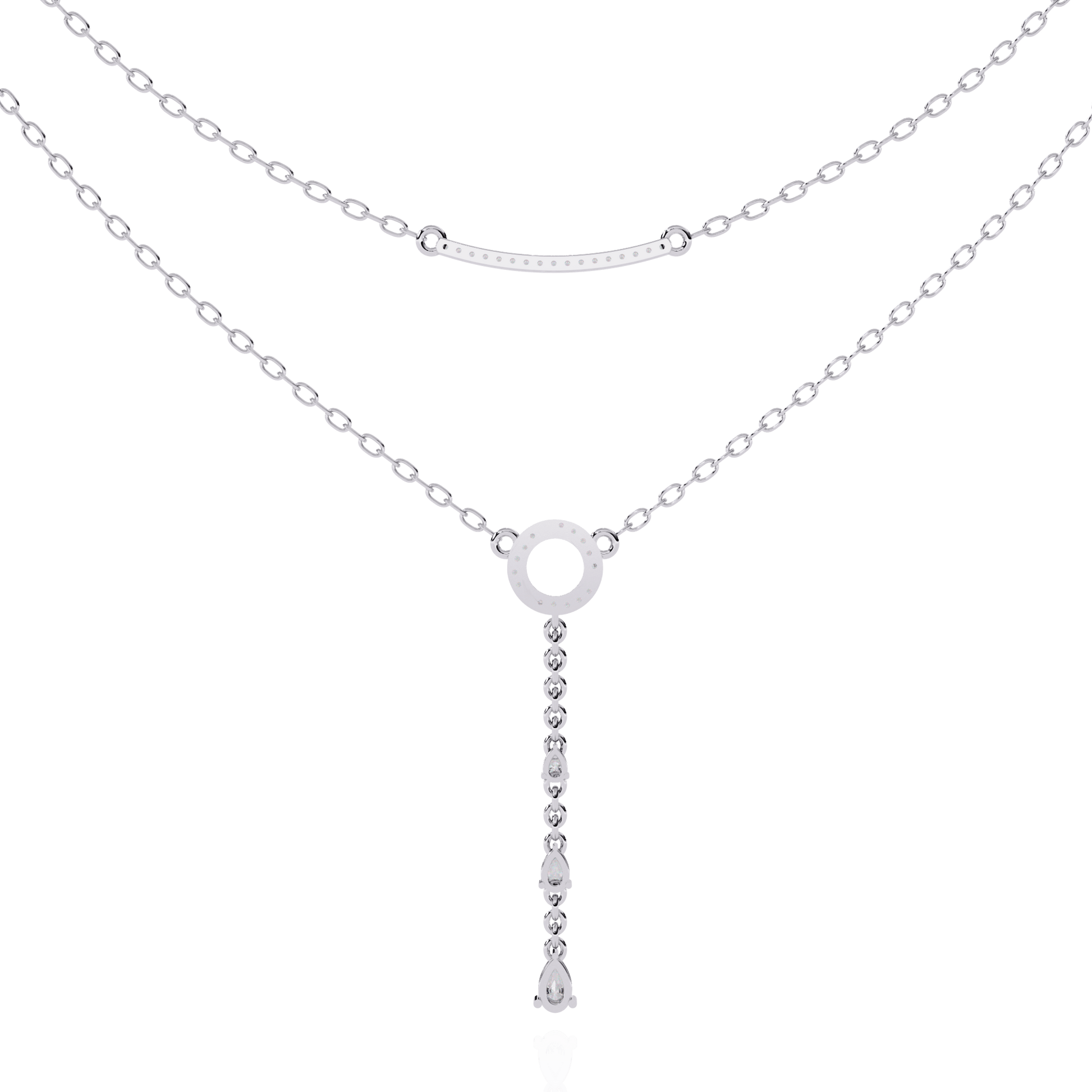 Double-layer diamond necklace with pave bar and pear drop pendant by Carat House Dubai, featuring sparkling diamonds.
