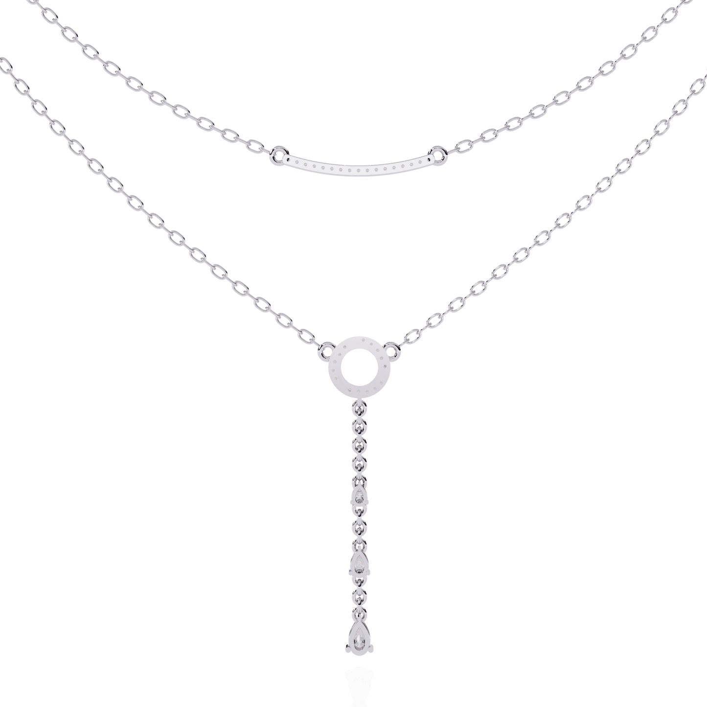 Double-layer diamond necklace with pave bar and pear drop pendant by Carat House Dubai, featuring sparkling diamonds.