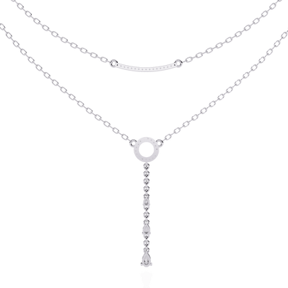 Double-layer diamond necklace with pave bar and pear drop pendant by Carat House Dubai, featuring sparkling diamonds.