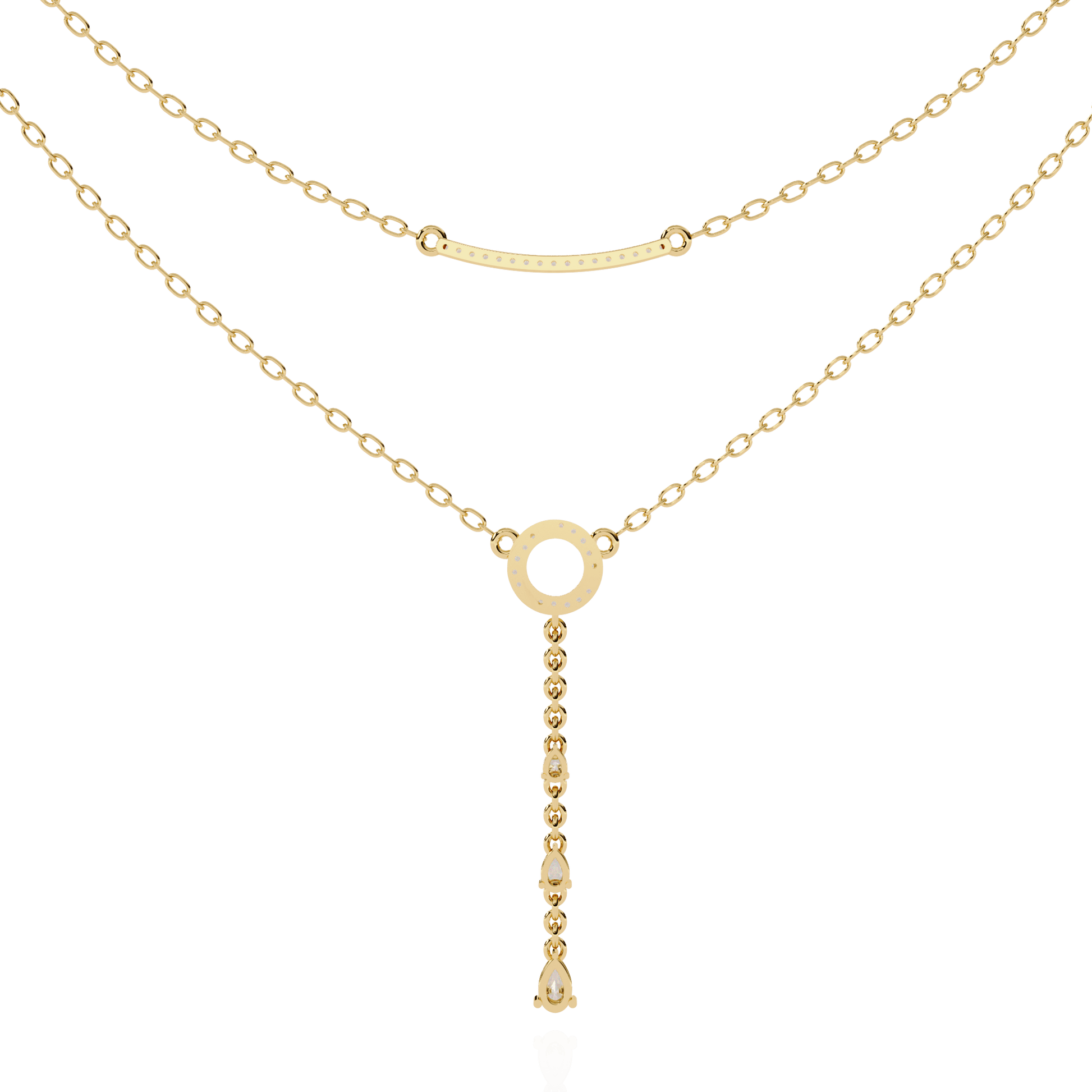 Double-layer diamond necklace by Carat House Dubai featuring a pave bar and elegant pear drop pendant.
