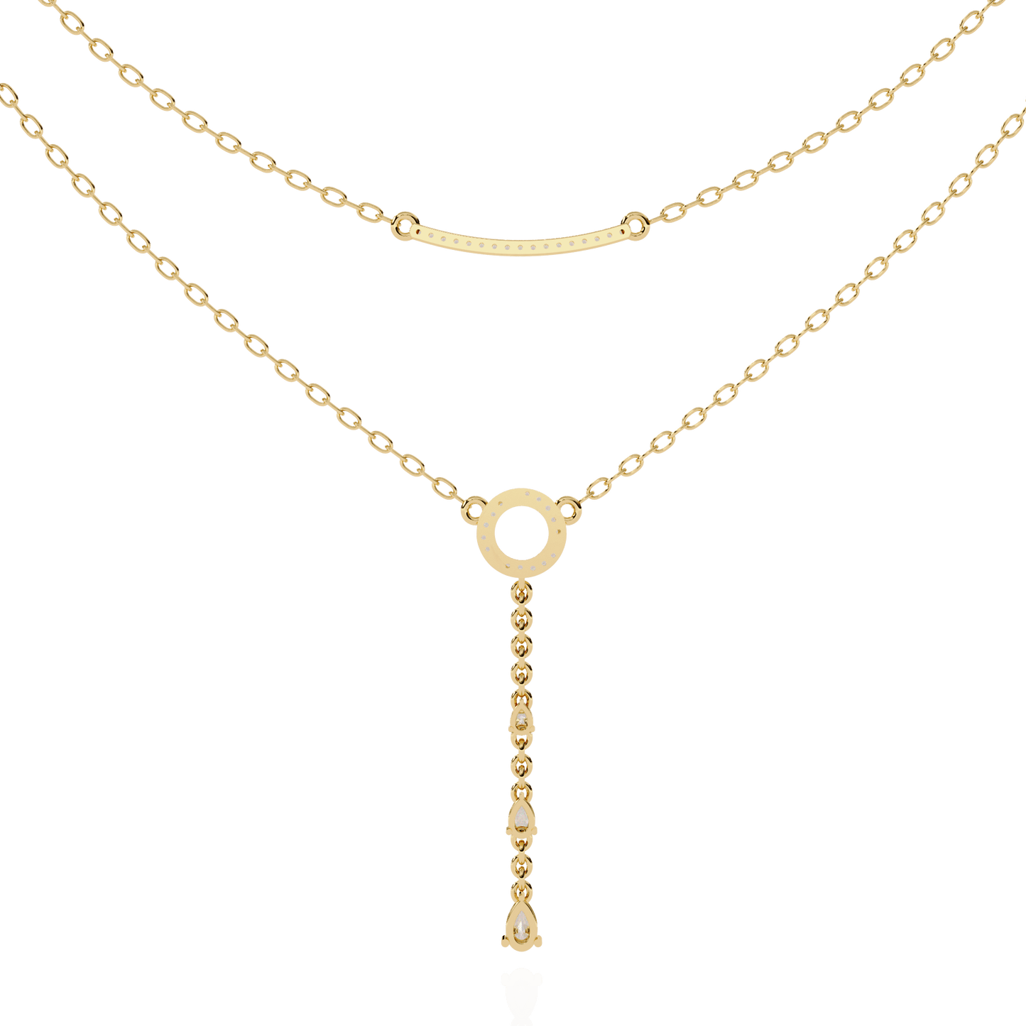 Double-layer diamond necklace by Carat House Dubai featuring a pave bar and elegant pear drop pendant.