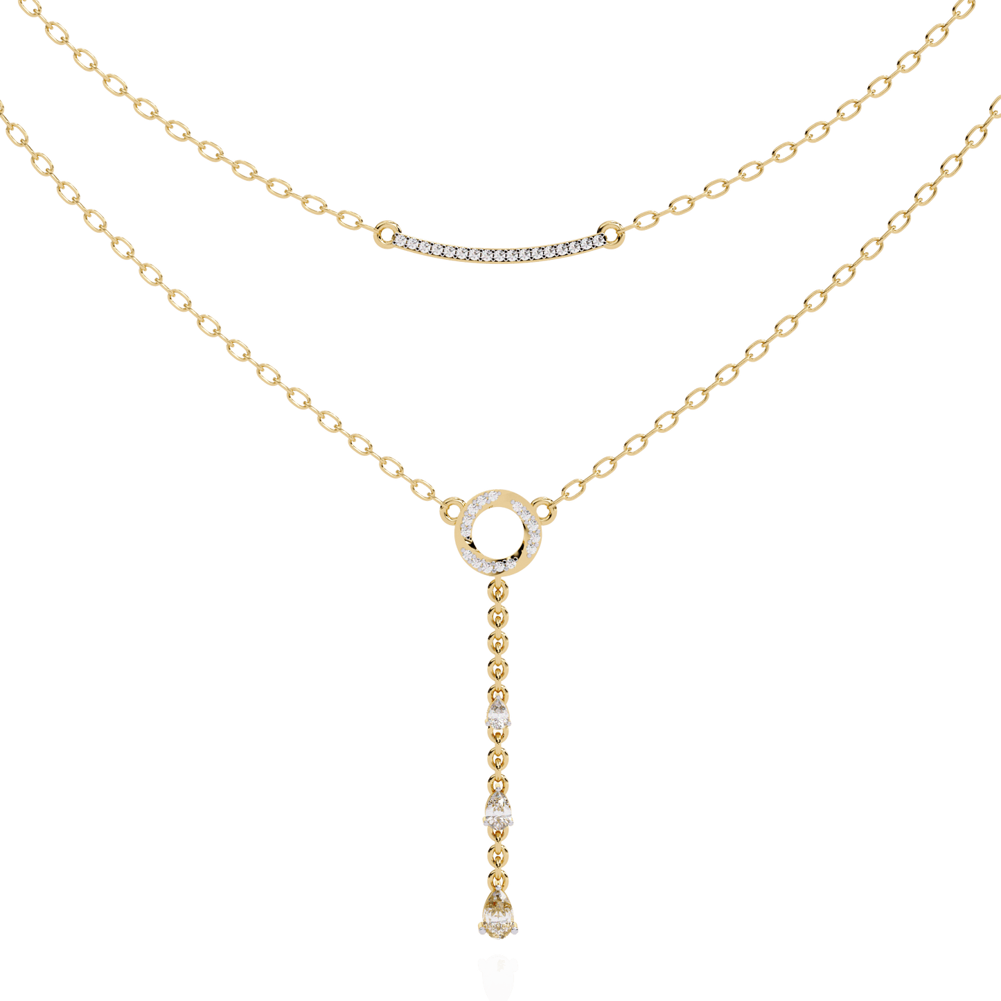 Cira - Double-Layer Diamond Necklace with Pave Bar and Pear Drop — diamond pendant necklace — pave — lab grown diamond and natural diamond — 18k yellow gold — Carat House