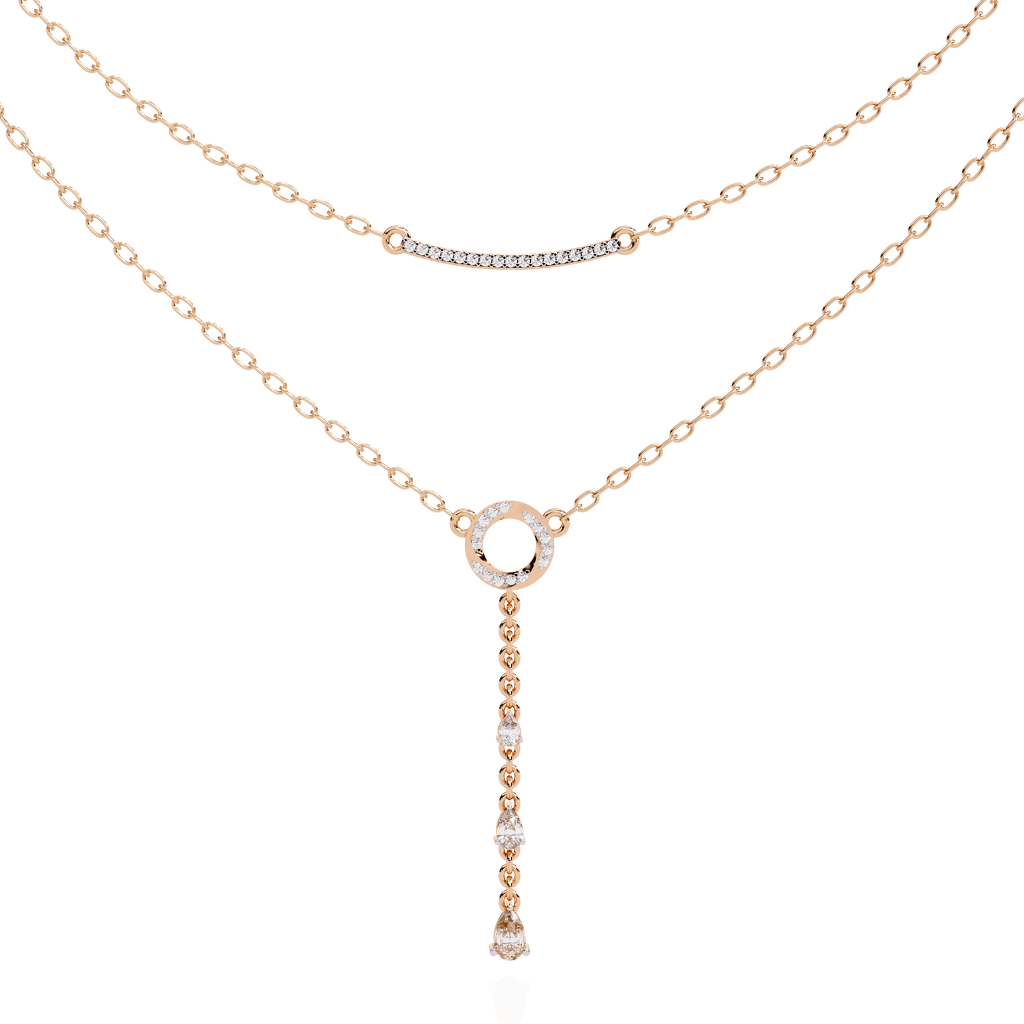 Cira - Double-Layer Diamond Necklace with Pave Bar and Pear Drop — diamond pendant necklace — pave — lab grown diamond and natural diamond — 18k rose gold — Carat House
