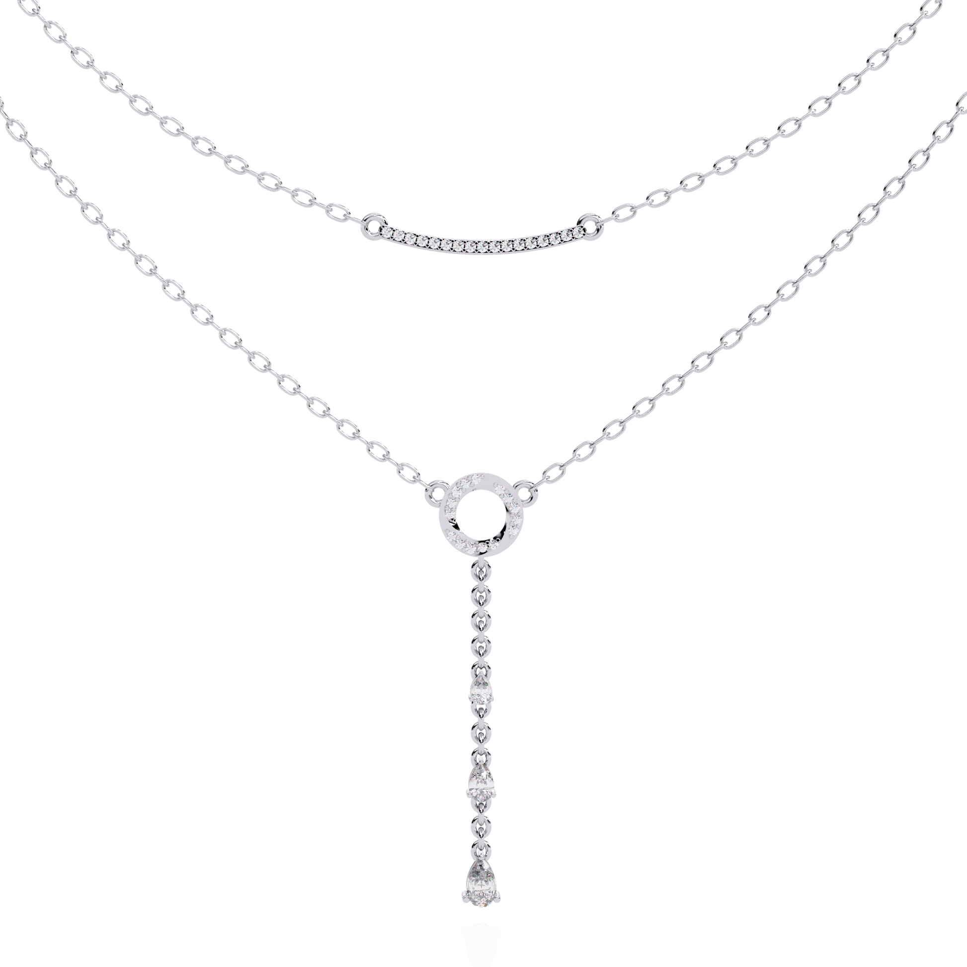 Cira - Double-Layer Diamond Necklace with Pave Bar and Pear Drop — diamond pendant necklace — pave — lab grown diamond and natural diamond — 18k white gold — Carat House