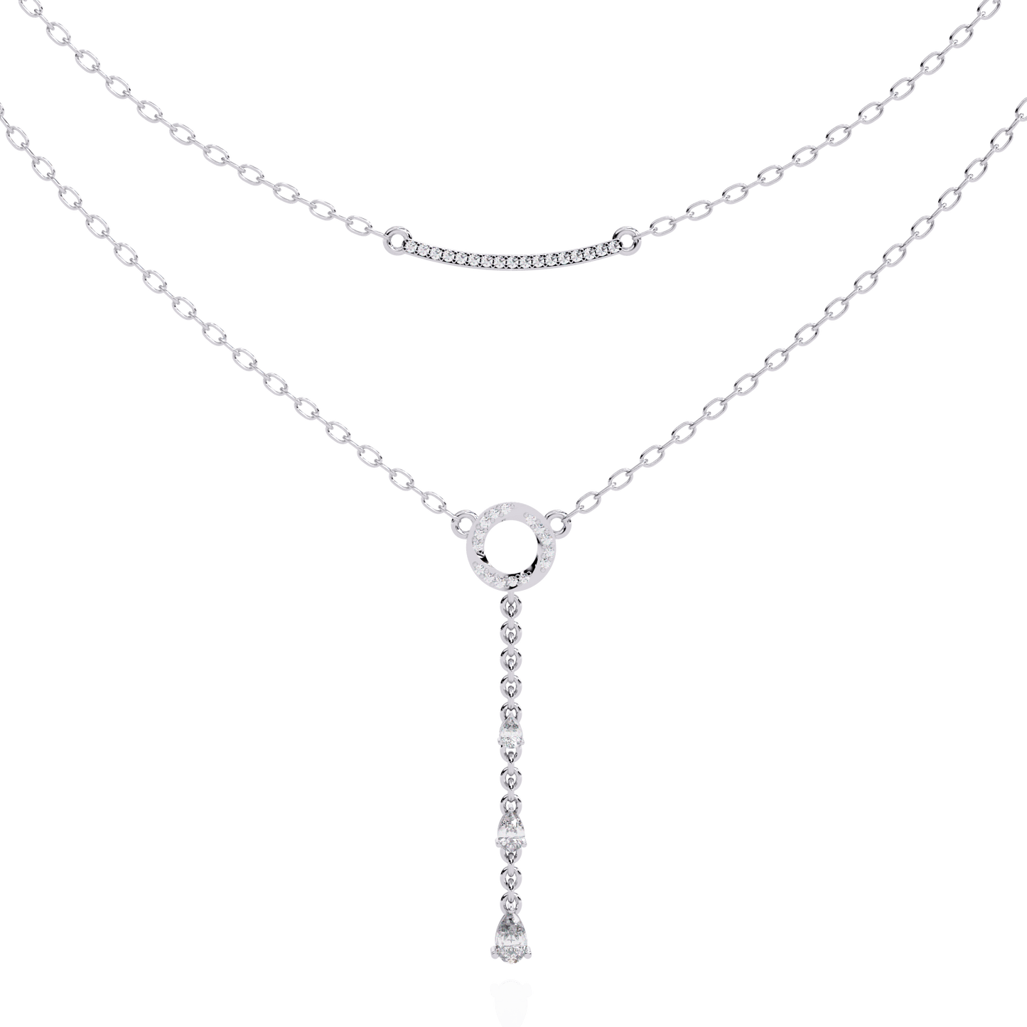 Cira - Double-Layer Diamond Necklace with Pave Bar and Pear Drop — diamond pendant necklace — pave — lab grown diamond and natural diamond — 18k white gold — Carat House