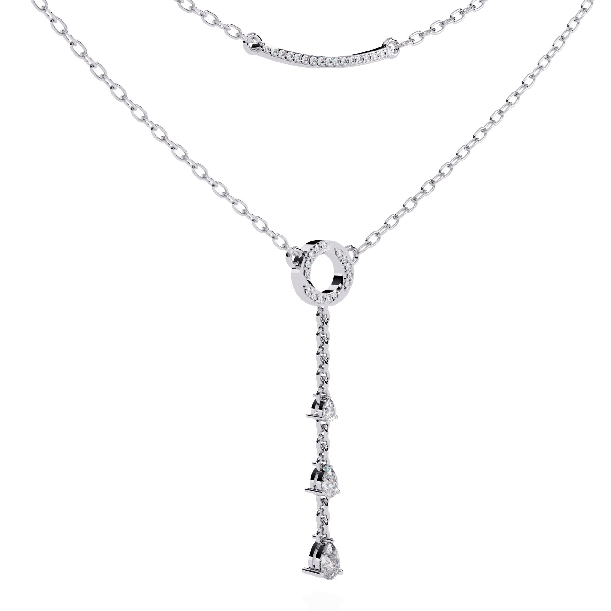 Double-layer diamond necklace with pave bar and pear drop pendant from Carat House Dubai, featuring sparkling diamonds and elegant design.