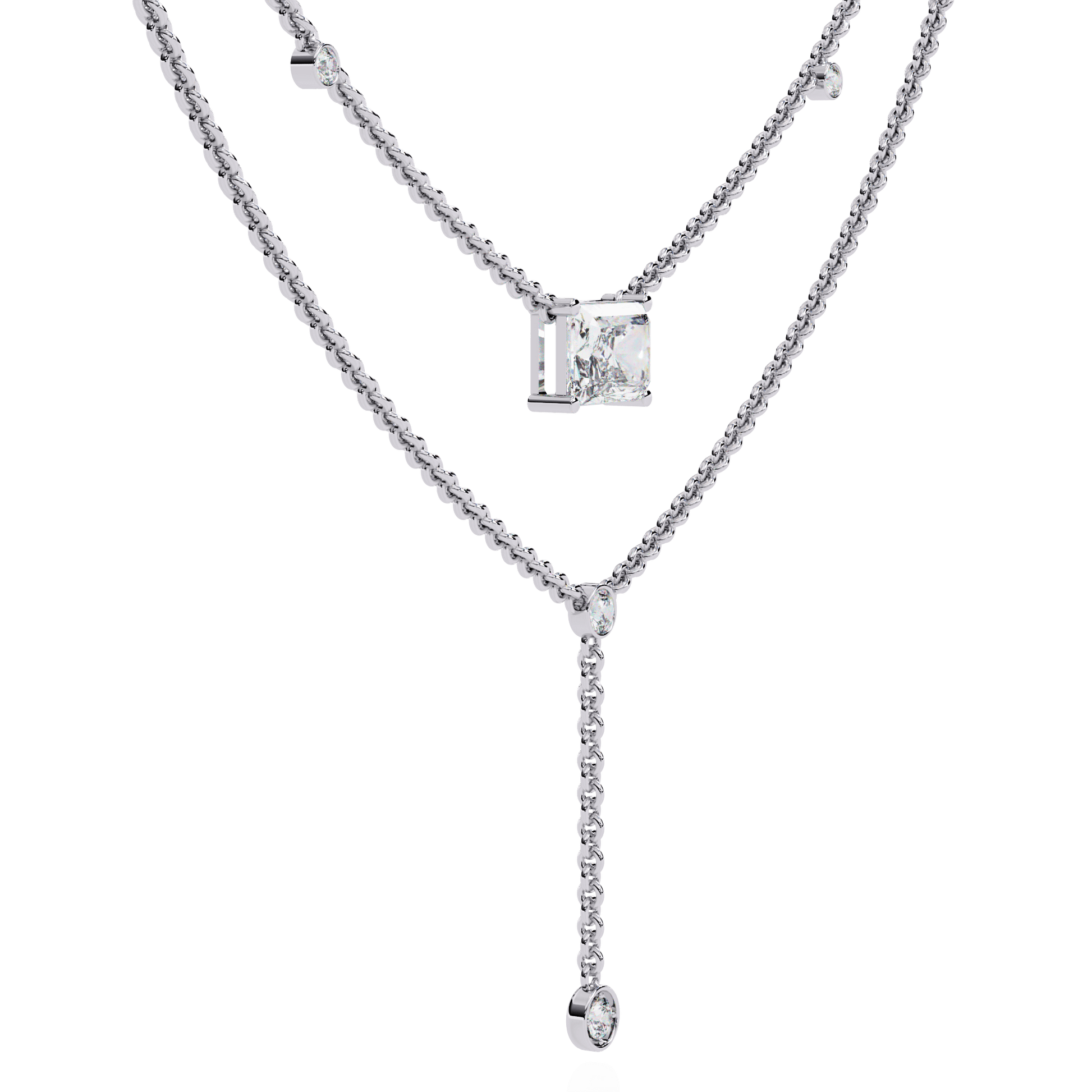 Radiant cut drop diamond necklace by Carat House Dubai featuring a sparkling diamond pendant on a delicate chain.