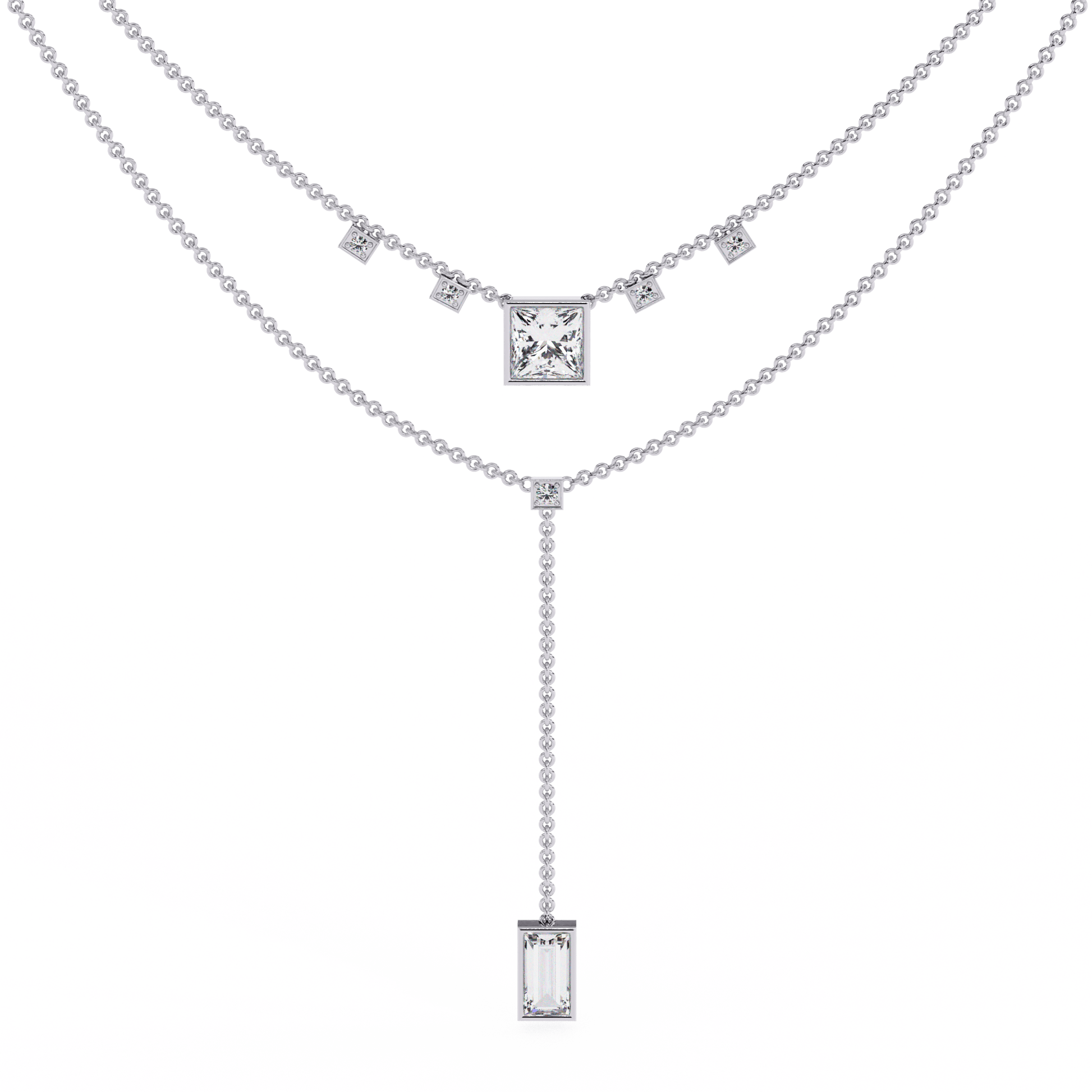 Catalina – The Princess & Baguette Double Chain Drop Necklace — diamond pendant necklace — baguette — lab grown diamond — 18k white gold — Carat House