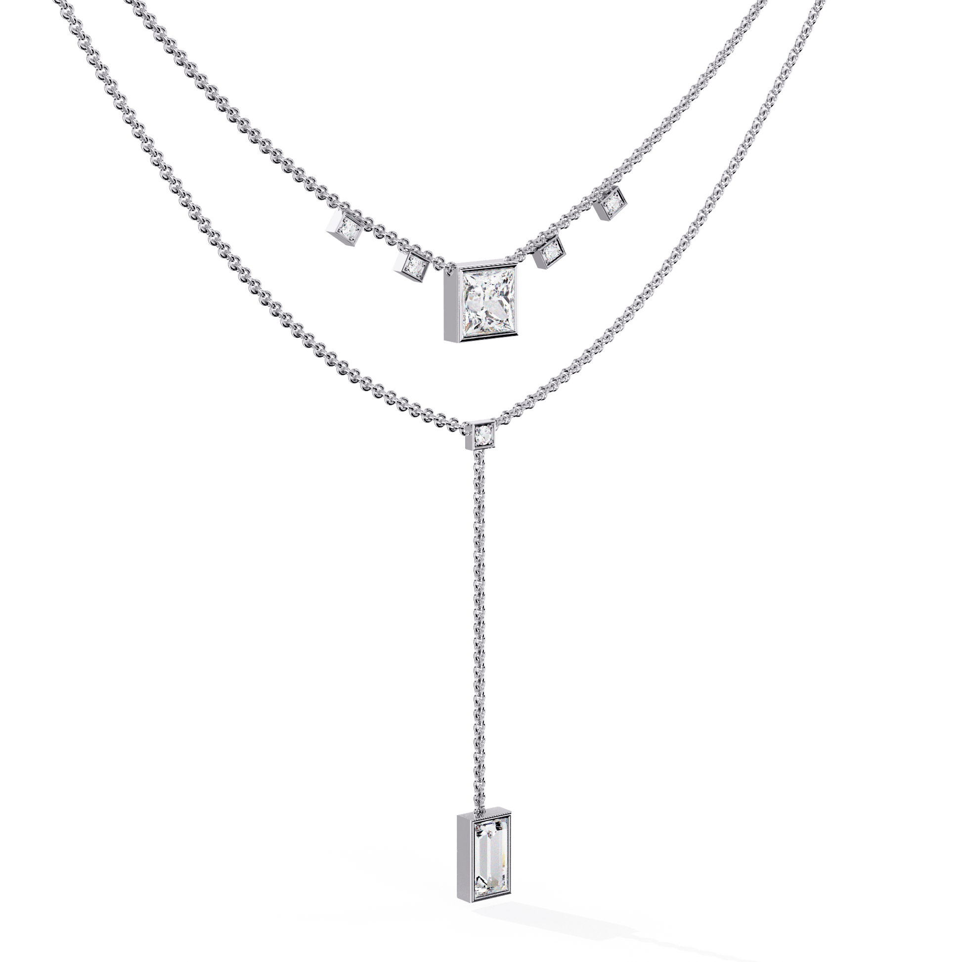 Catalina Princess & Baguette Double Chain Drop Necklace by Carat House Dubai, featuring elegant layered gold chains with pendant details.