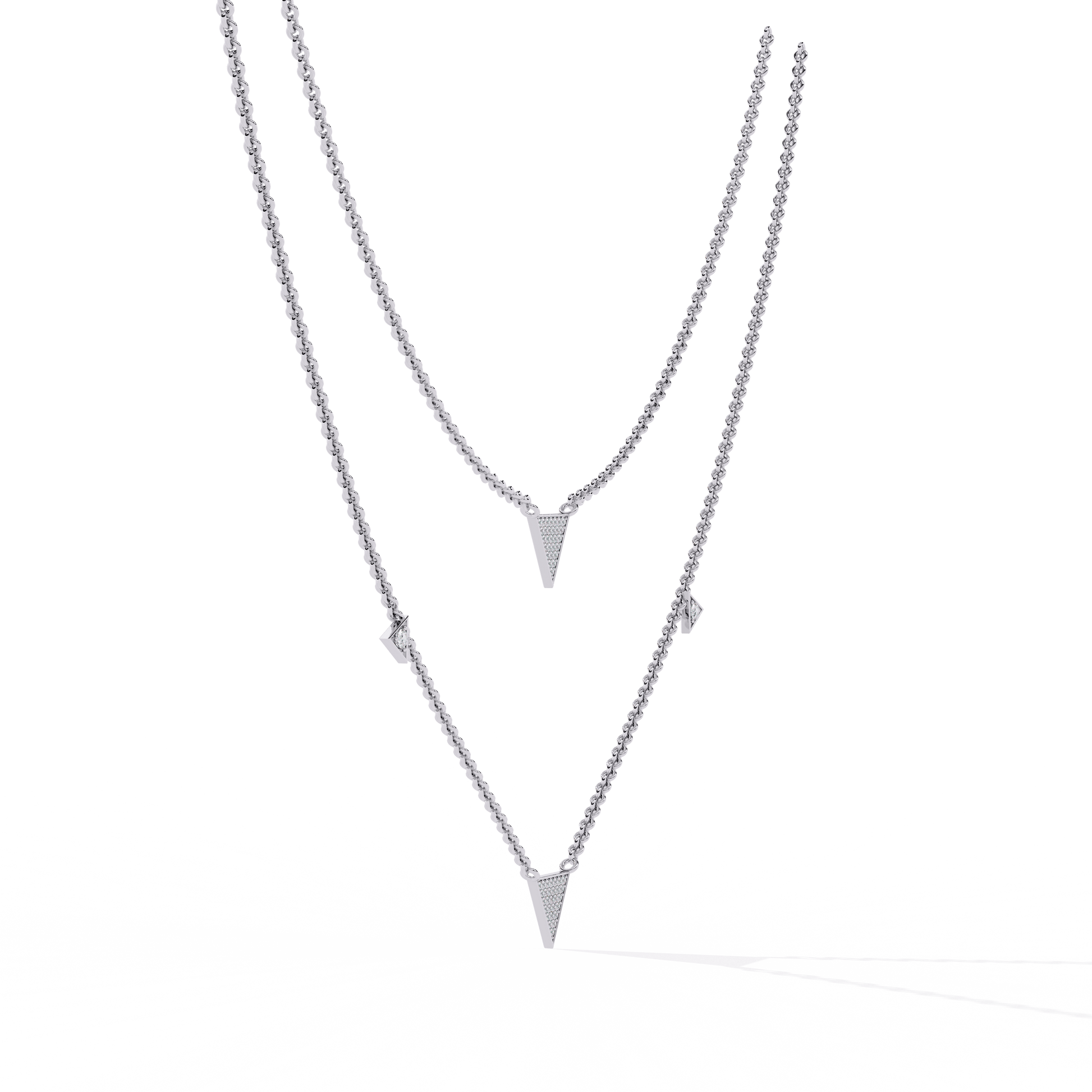 Carat House Dubai Mishita twin triangle motif diamond necklace with intricate design and sparkling diamonds.
