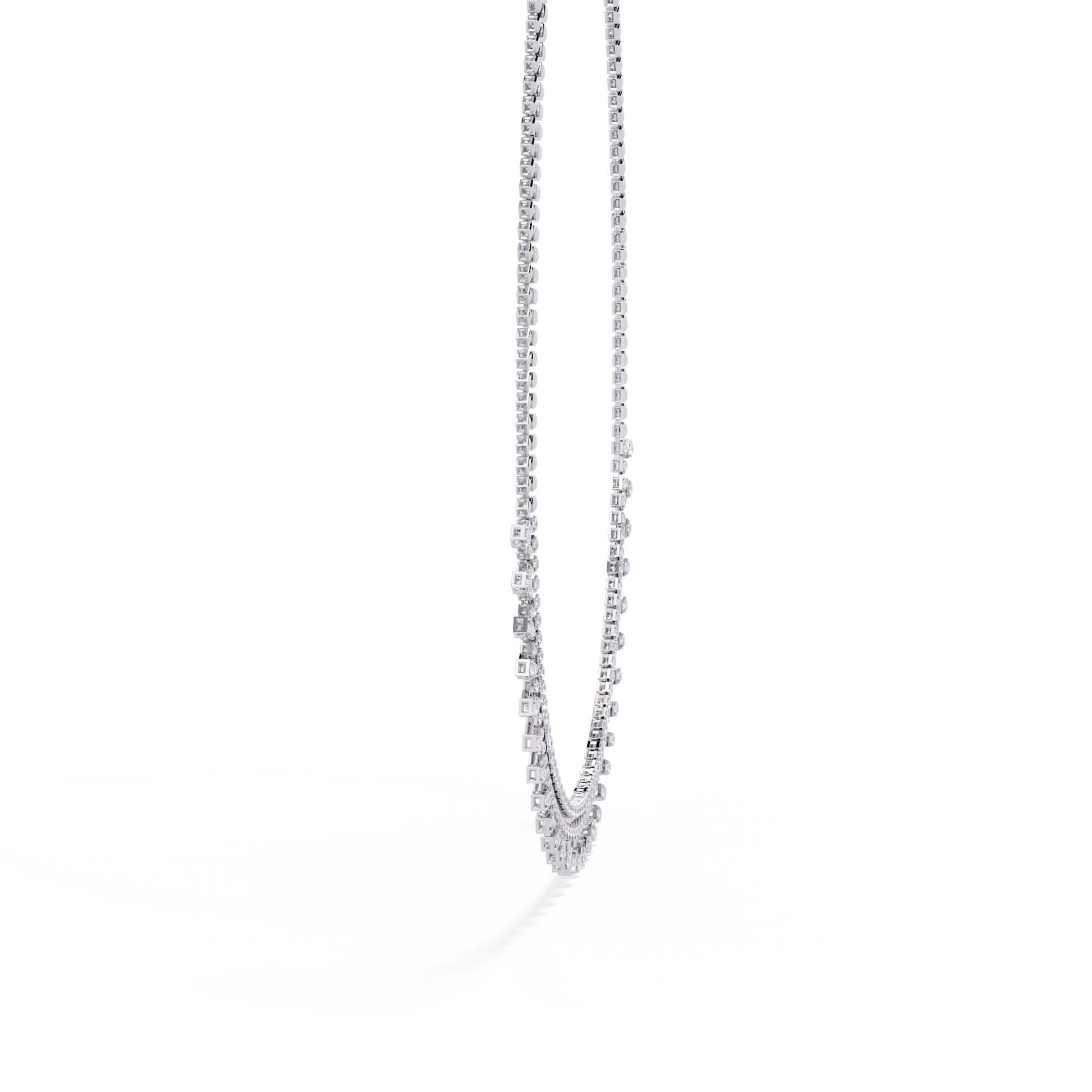 Nocturna diamond rainfall pendant by Carat House Dubai, featuring sparkling diamonds in a half tennis setting with intricate detailing.