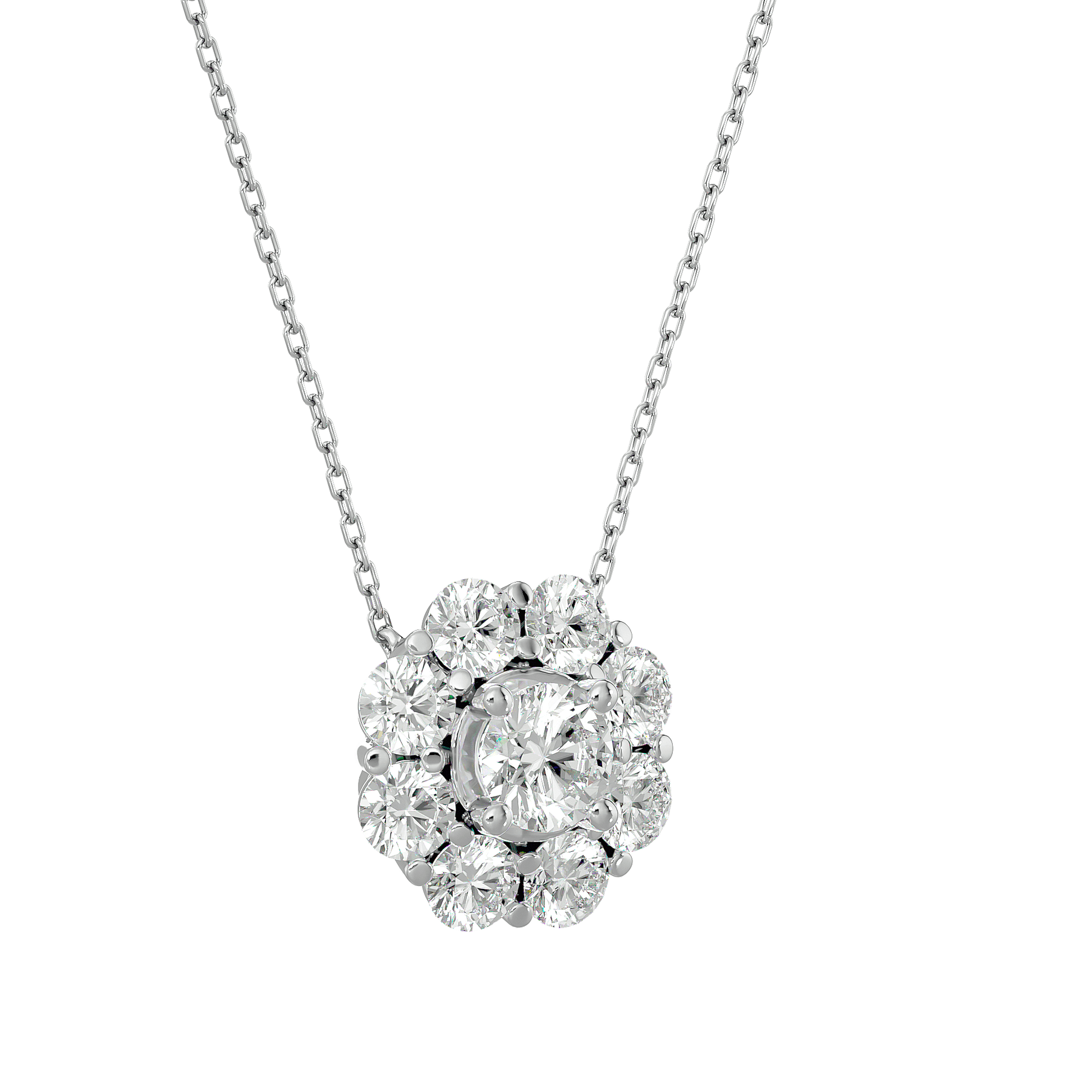 Carat House Dubai Melanie diamond cluster pendant with sparkling diamonds and silver setting, elegant jewelry piece.
