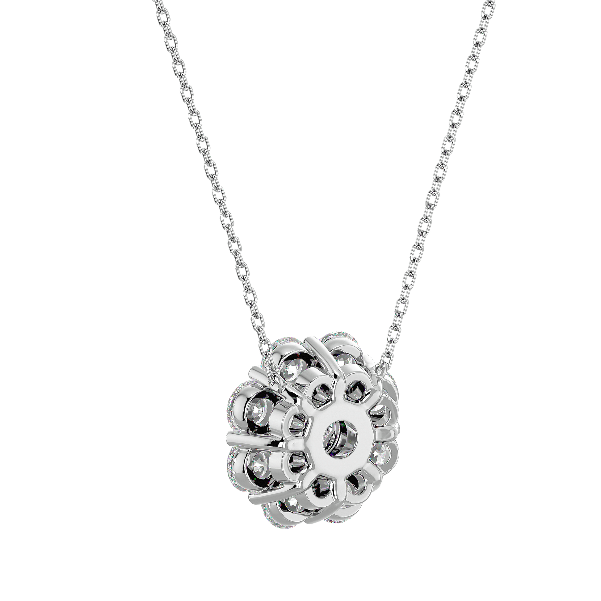 Carat House Dubai Melanie diamond cluster pendant with sparkling diamonds and elegant silver chain on a white background.