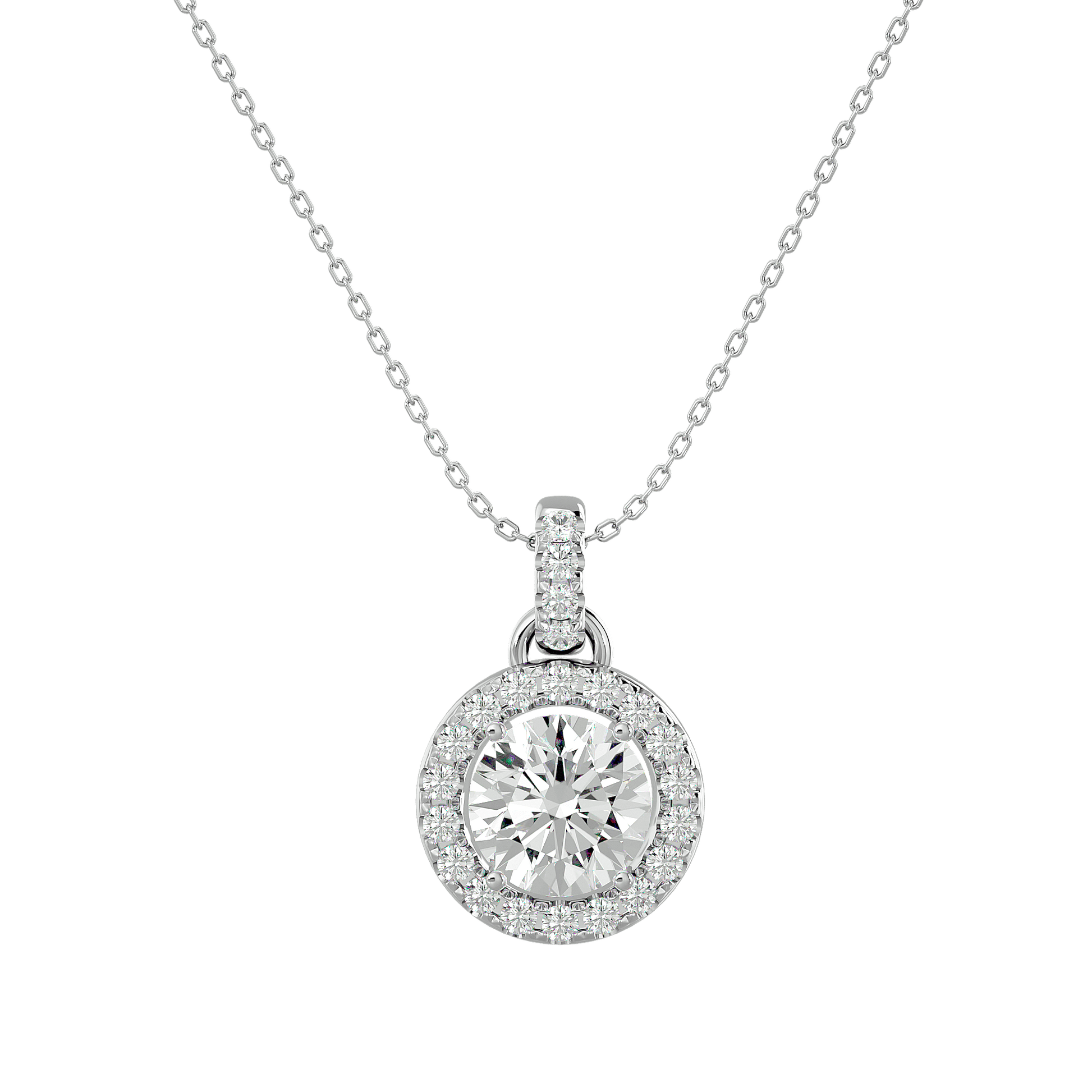 Claire – Round Diamond Halo Pendant — diamond pendant necklace — lab grown diamond and natural diamond — 18k white gold — Carat House