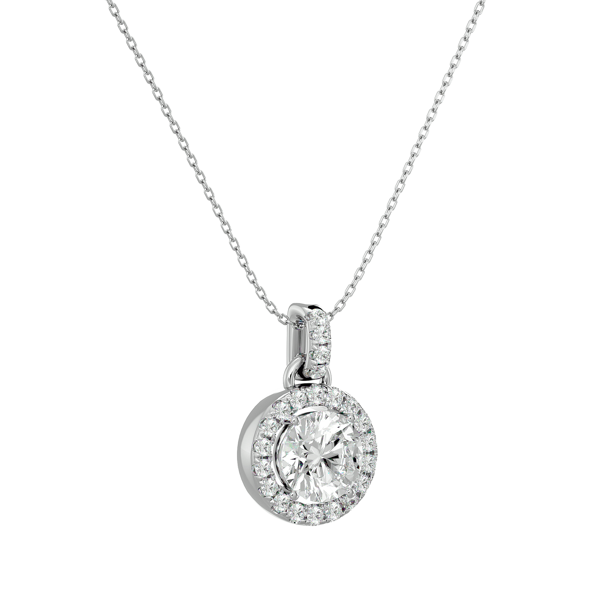 Round diamond halo pendant from Carat House Dubai, featuring a sparkling central diamond and elegant gold setting.