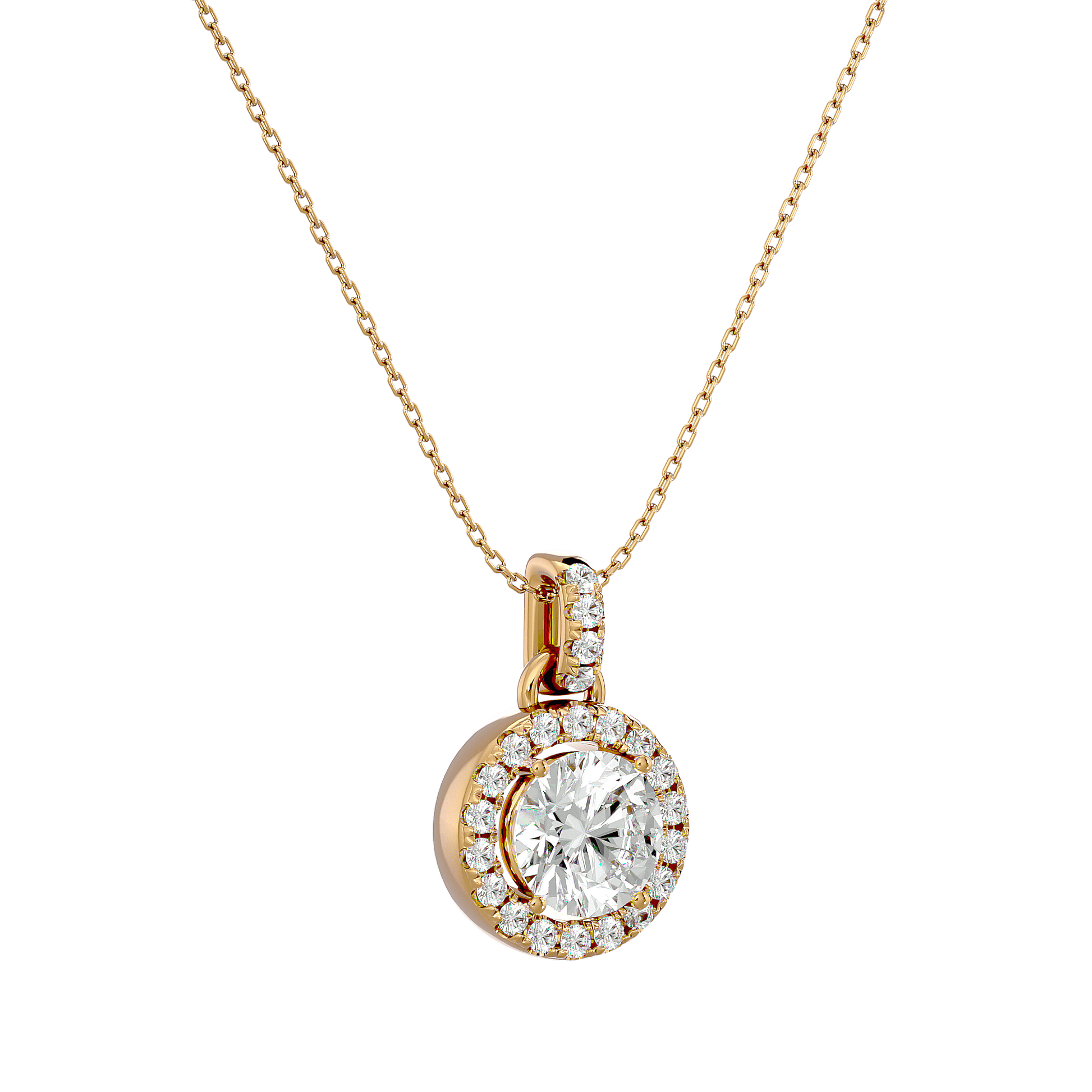 Round diamond halo pendant from Carat House Dubai featuring a sparkling central diamond and elegant chain.