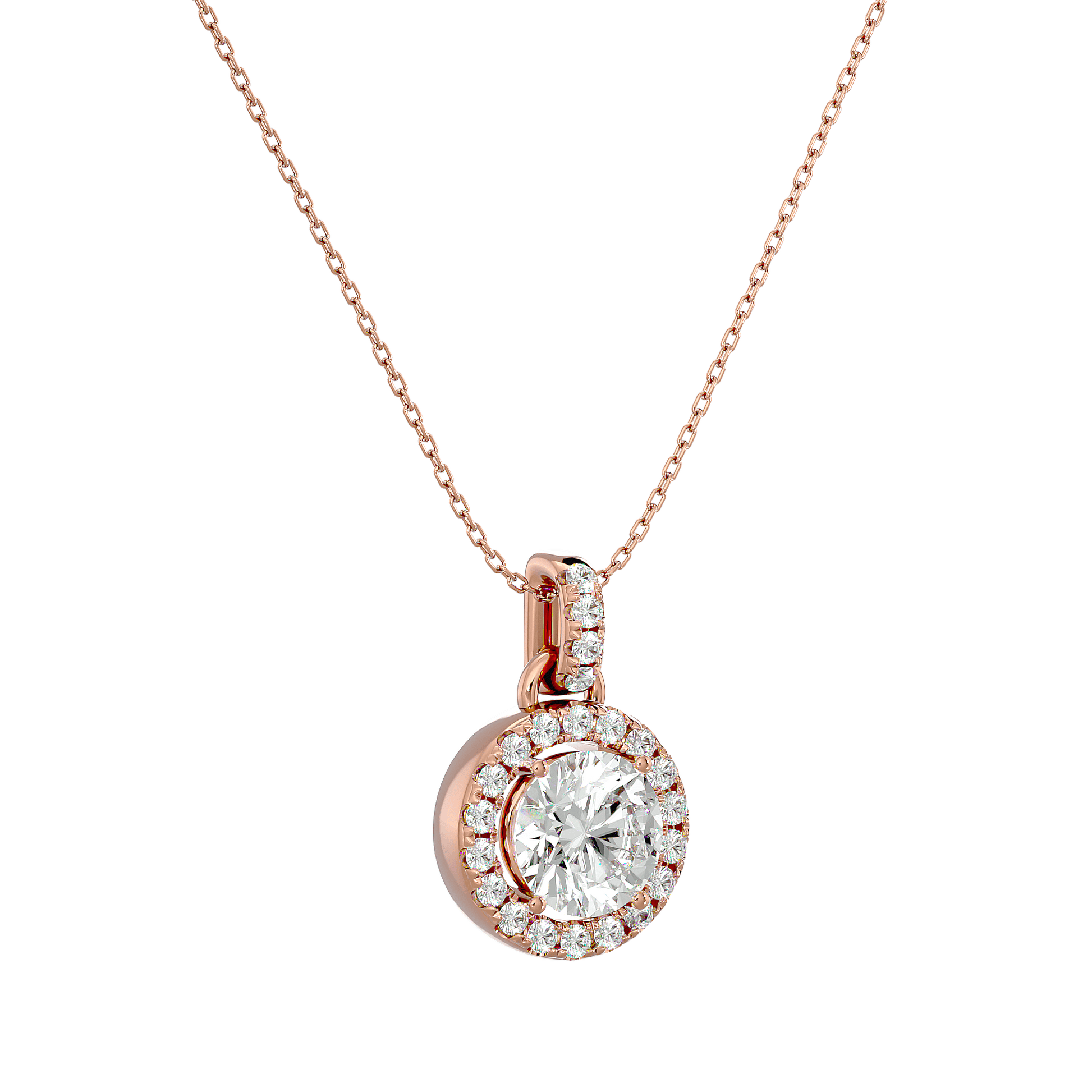 Claire round diamond halo pendant from Carat House Dubai featuring a sparkling central diamond surrounded by a delicate halo setting.
