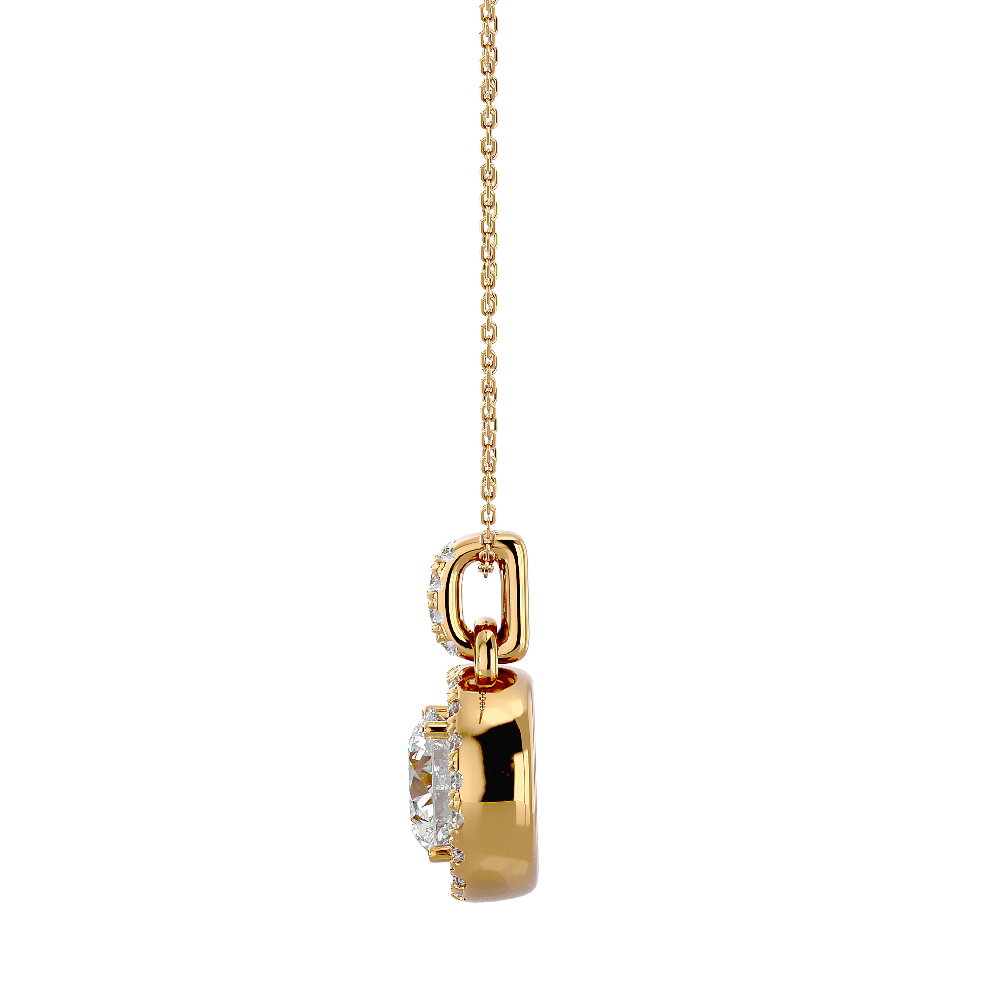 Round diamond halo pendant named Claire by Carat House Dubai featuring a sparkling central diamond and elegant metal setting.