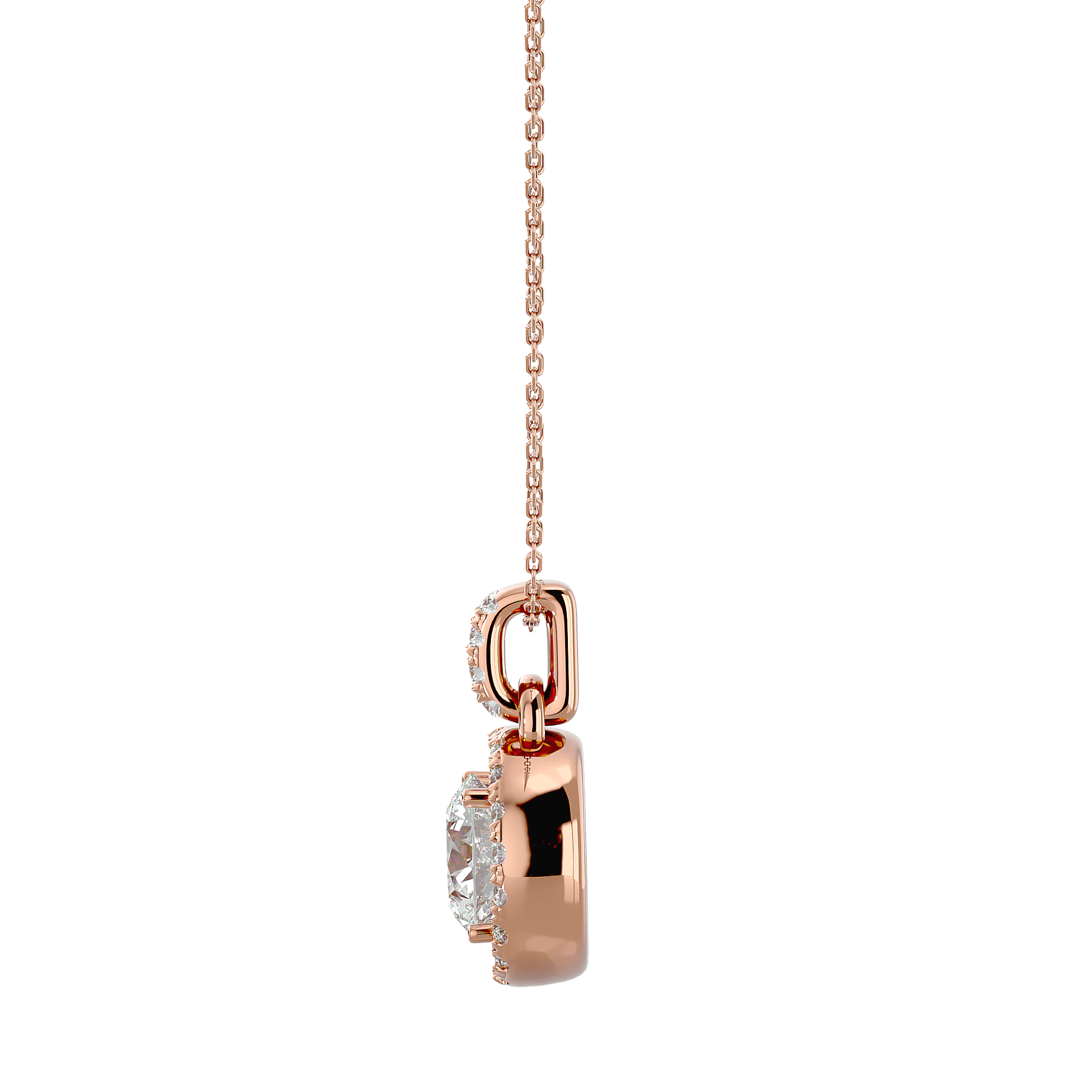 Round diamond halo pendant from Carat House Dubai with a sleek silver chain and sparkling central diamond.