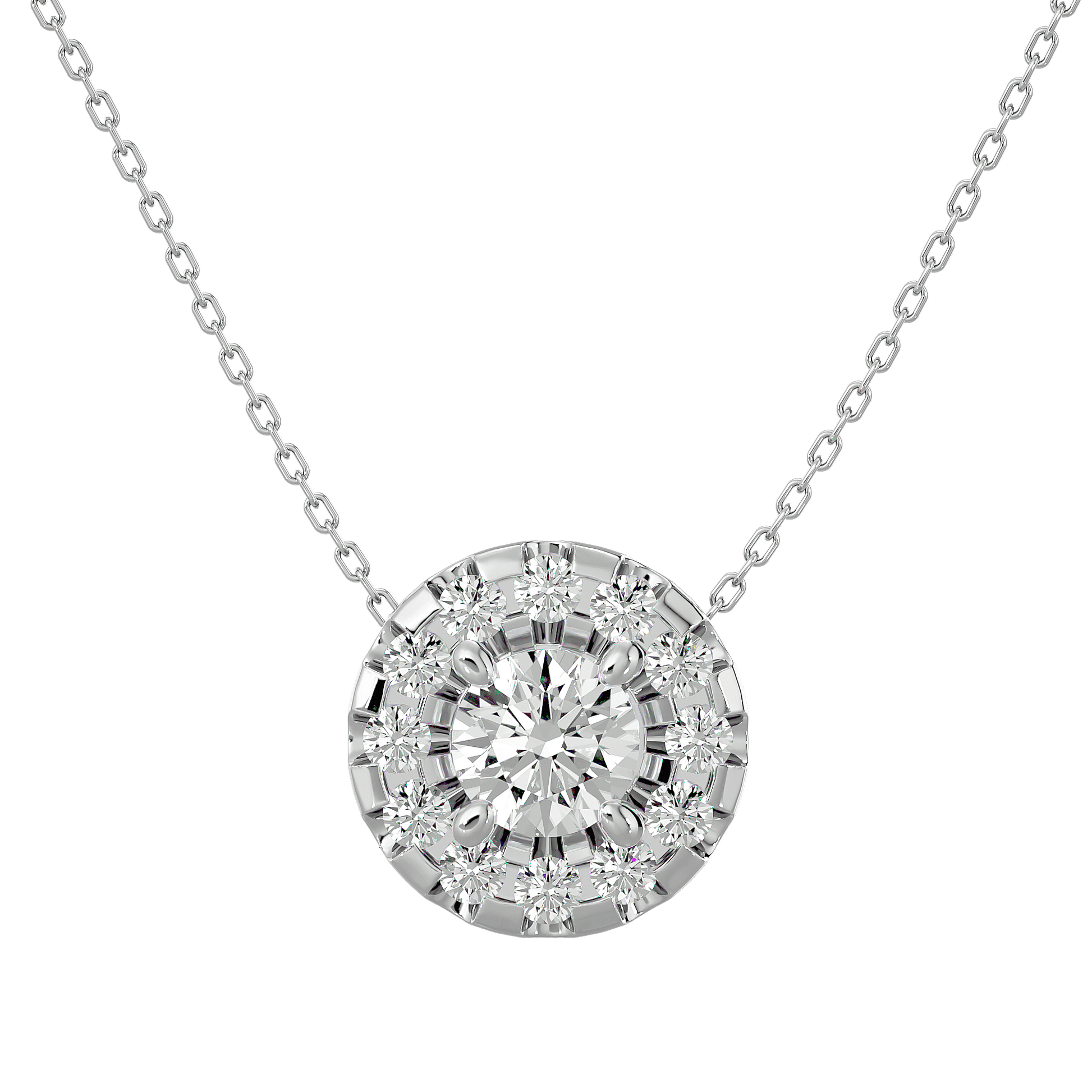 Dalia – Spaced Halo Diamond Pendant — diamond pendant necklace — lab grown diamond and natural diamond — 18k white gold — Carat House