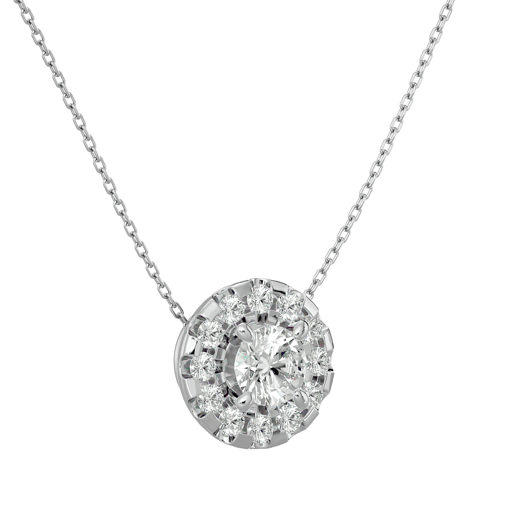 Dalia Spaced Halo Diamond Pendant by Carat House Dubai featuring a sparkling diamond centerpiece with a delicate chain.