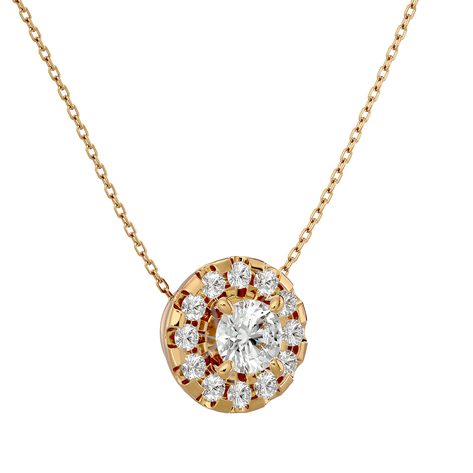 Dalia spaced halo diamond pendant by Carat House Dubai featuring a central diamond surrounded by a halo design on a delicate chain
