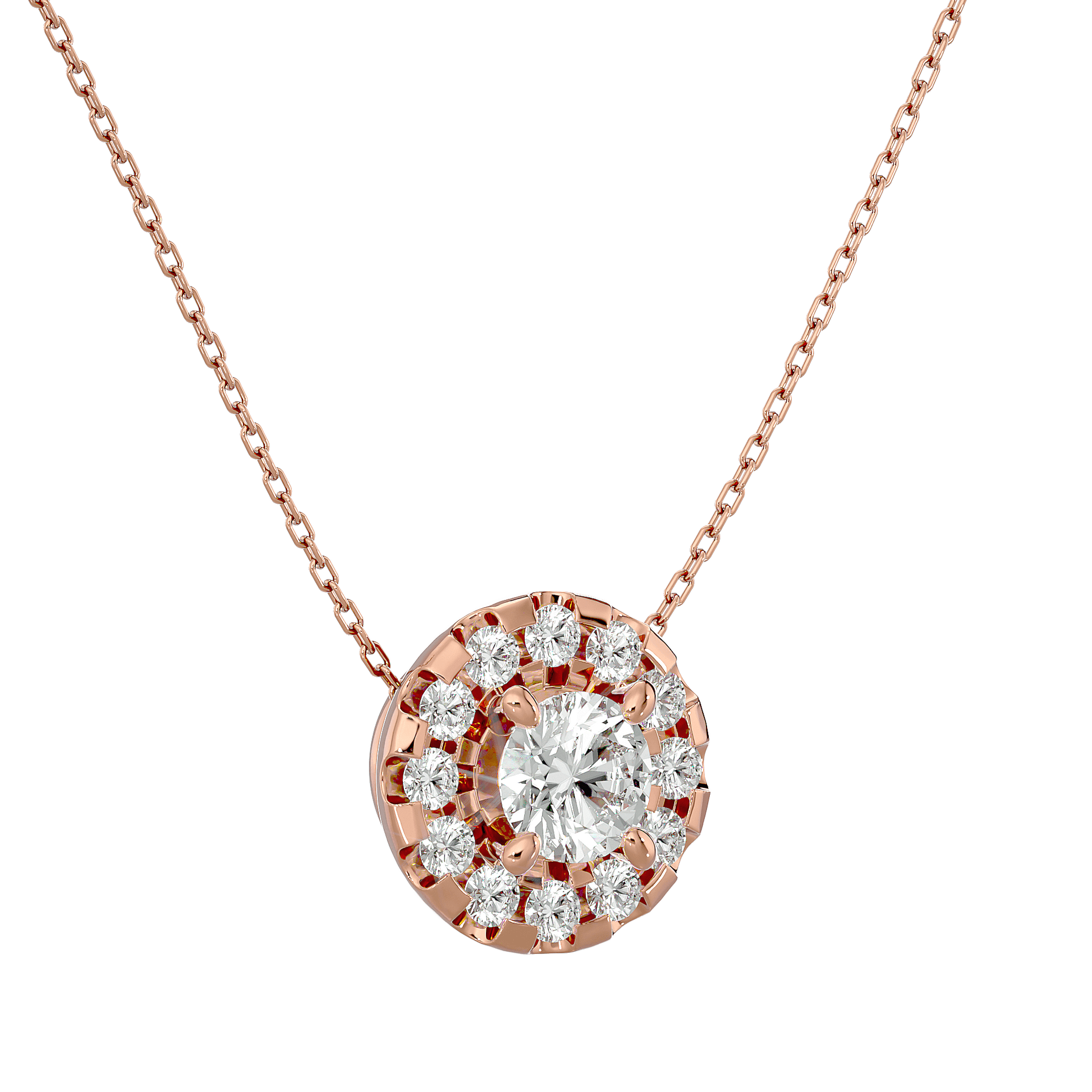Dalia Spaced Halo Diamond Pendant by Carat House Dubai, showcasing a sparkling diamond pendant with a halo design on a delicate chain.