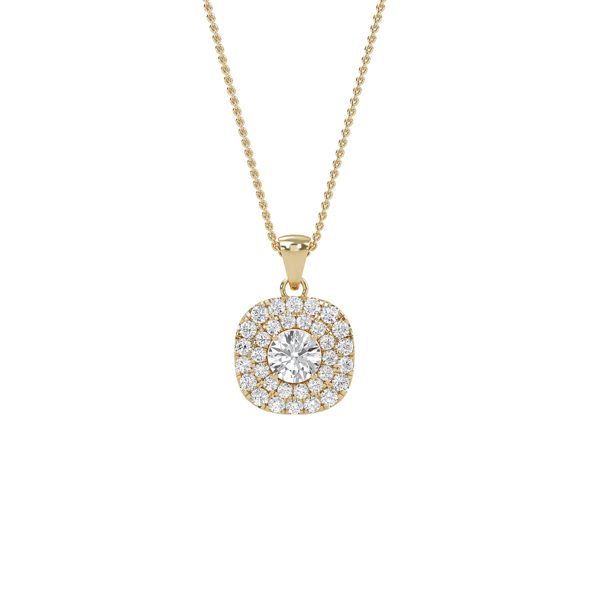 Nina double halo round diamond pendant by Carat House Dubai featuring sparkling diamonds on a delicate chain.