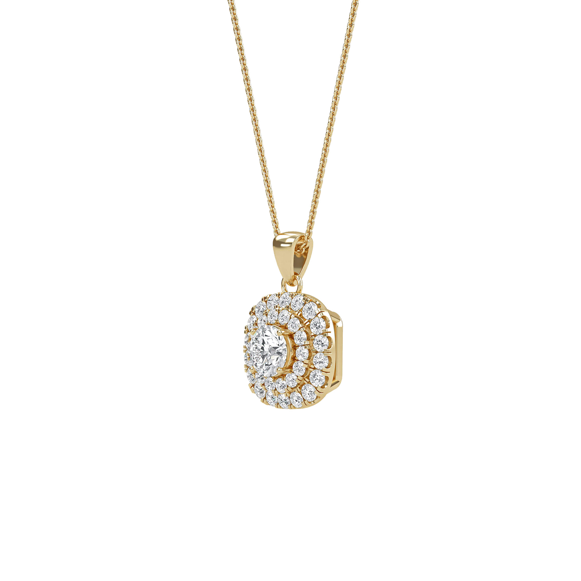 Nina double halo round diamond pendant by Carat House Dubai featuring sparkling diamonds and a sleek silver setting.