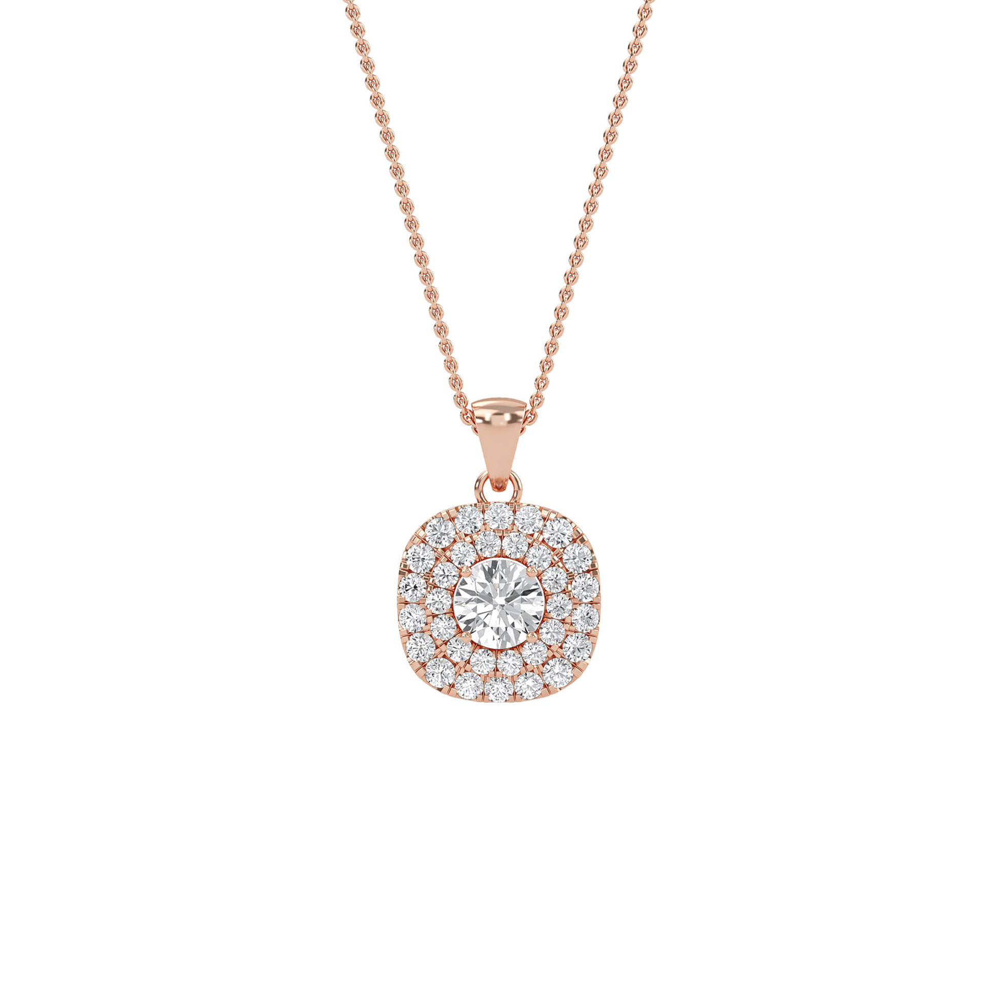 Nina double halo round diamond pendant by Carat House Dubai featuring sparkling diamonds and a sleek silver setting.